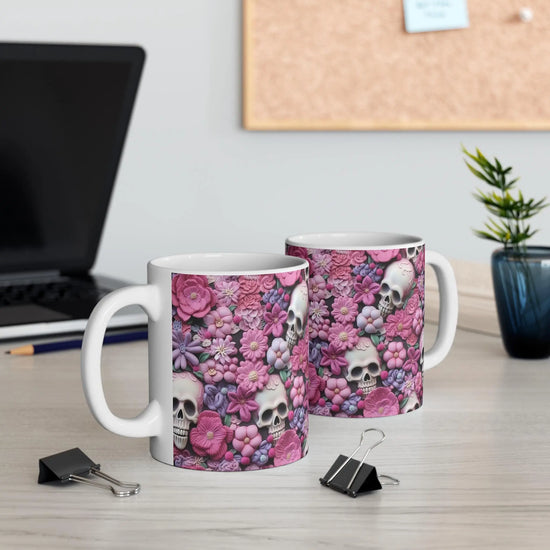 Sugar Skull Mug 11oz - Pink Accent All Purpose Hot Beverage Lover Cup, Halloween Day of the Dead Festive Office Home Decor The Aurora Touch