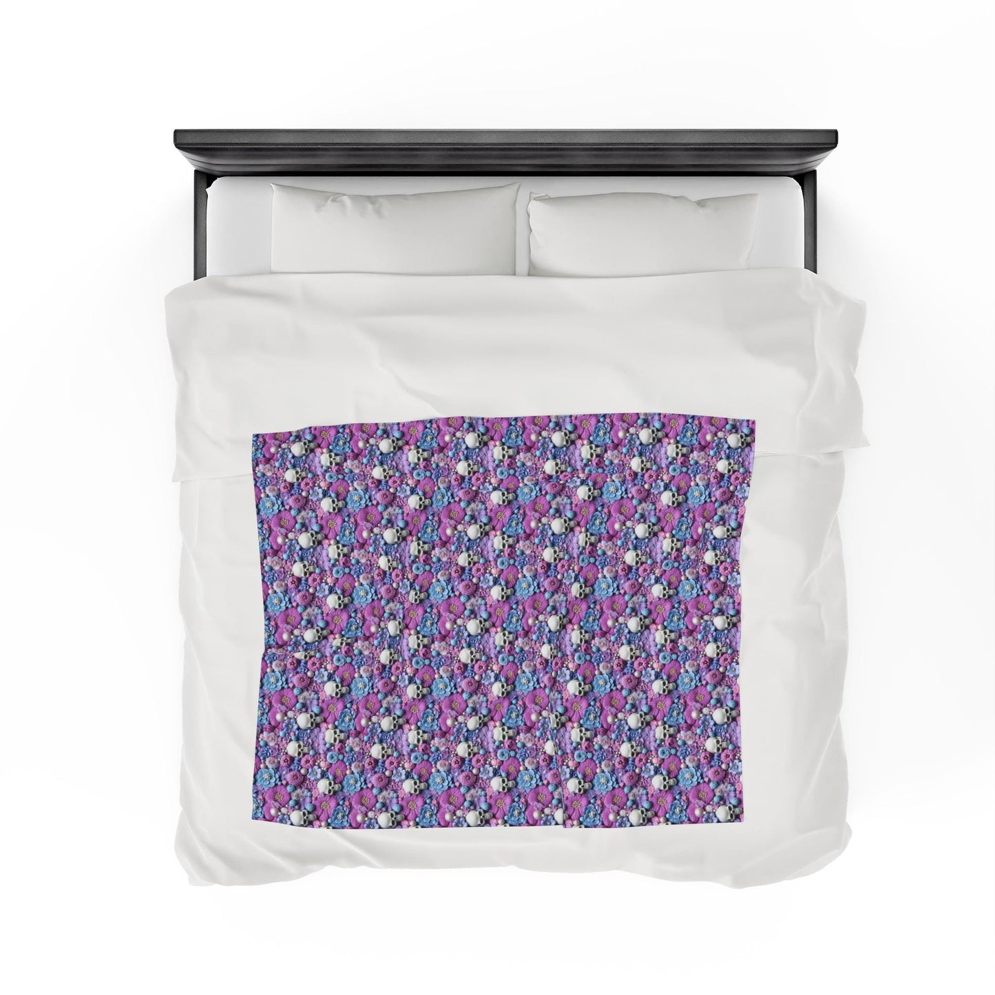 Gothic Plush Blanket, Day of the Dead Sugar Skull Purple Accent Throw, Halloween Home Decor, Velveteen Cozy Blanket