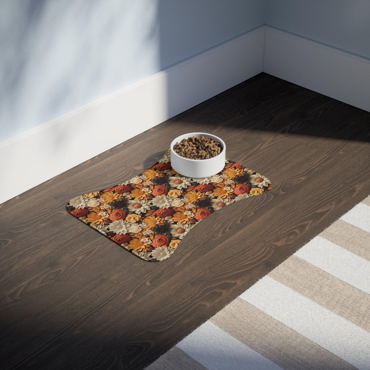 Fall Floral Pet Feeding Mats - Autumn All Over Print Pattern Design for Cat and Dog - Kitchen Decor Place Mat, Holiday Themed Food Mat