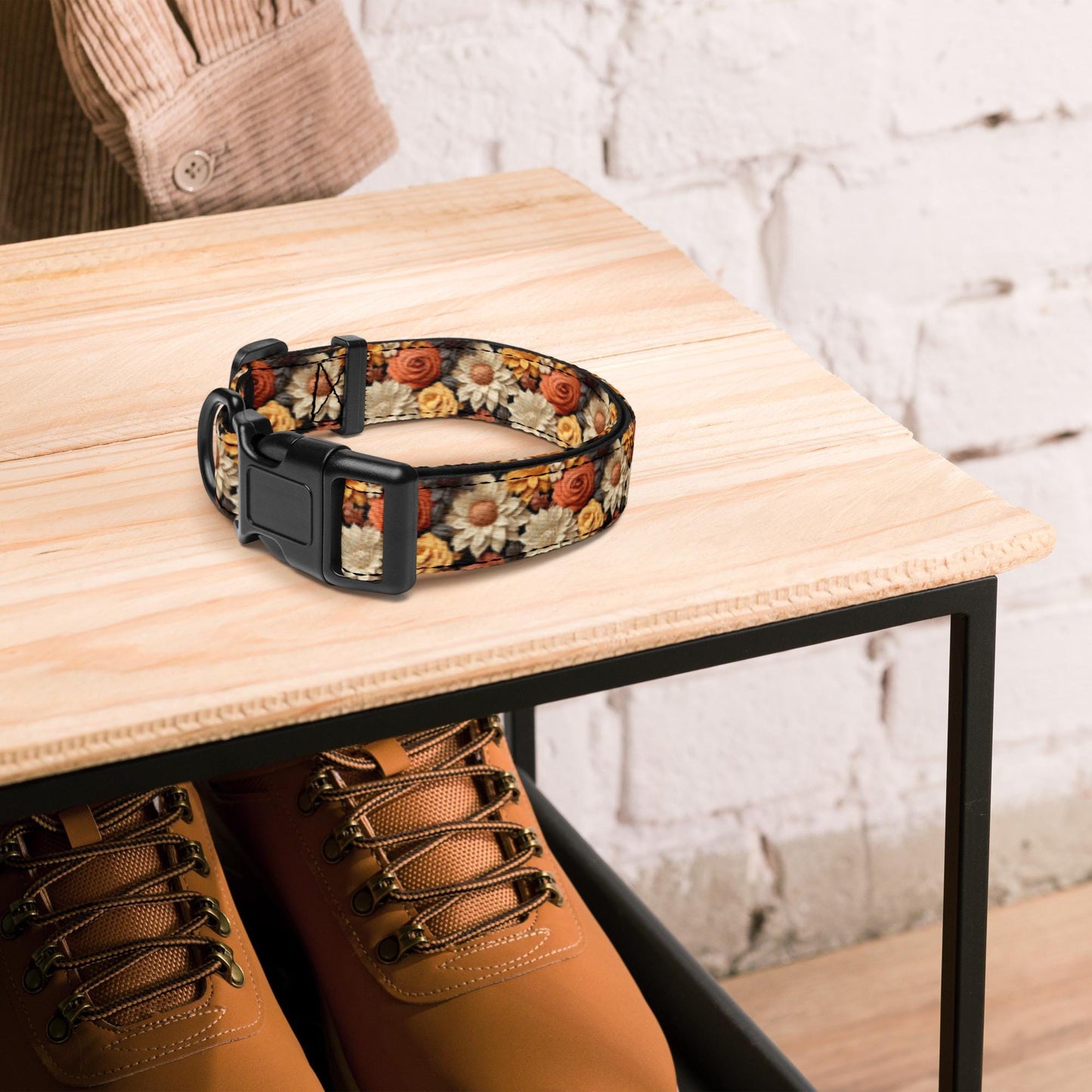 Fall colors Pet Collar floral all over print pattern Autumn browns stylish classy walking shopping travel fashionista dog collar