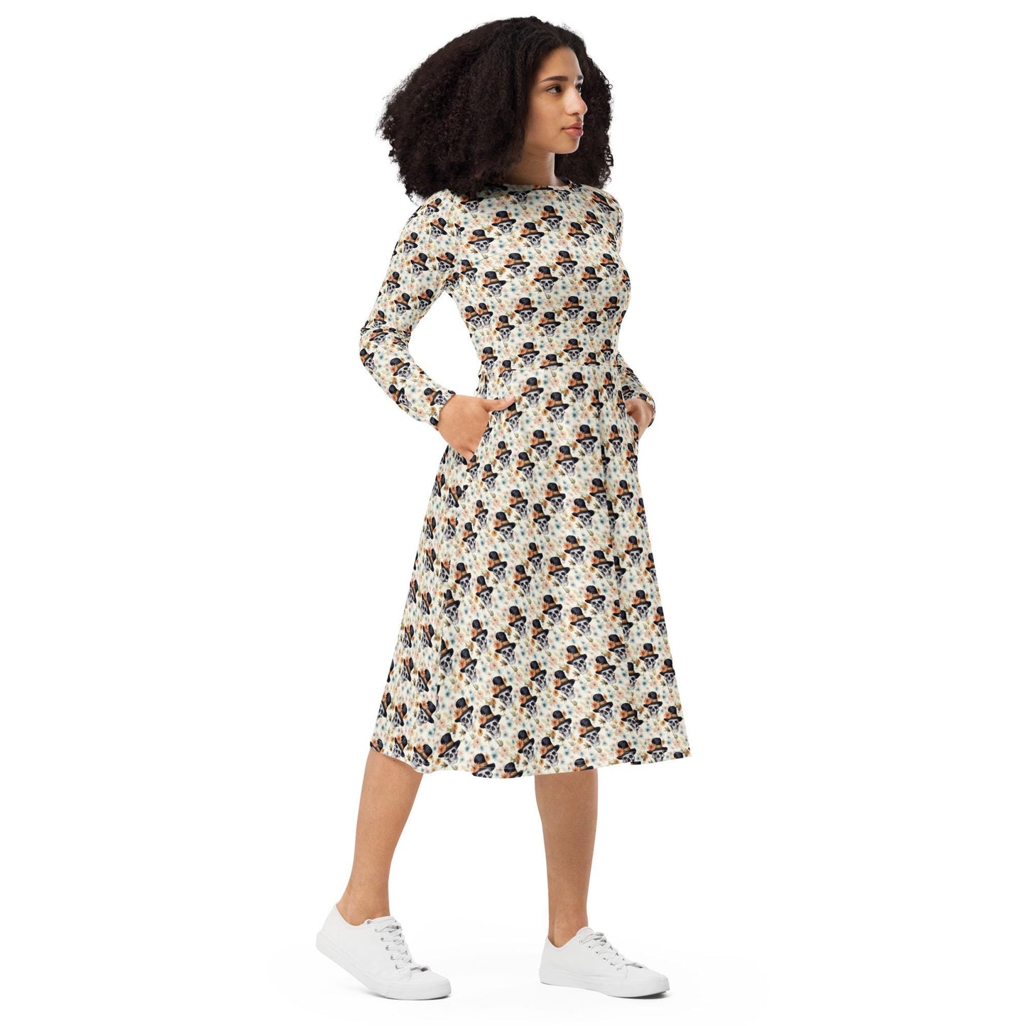 Gothic Floral Skull midi dress all-over print long sleeve casual dinner date comfortable holiday Halloween spirit waist trimming outfit