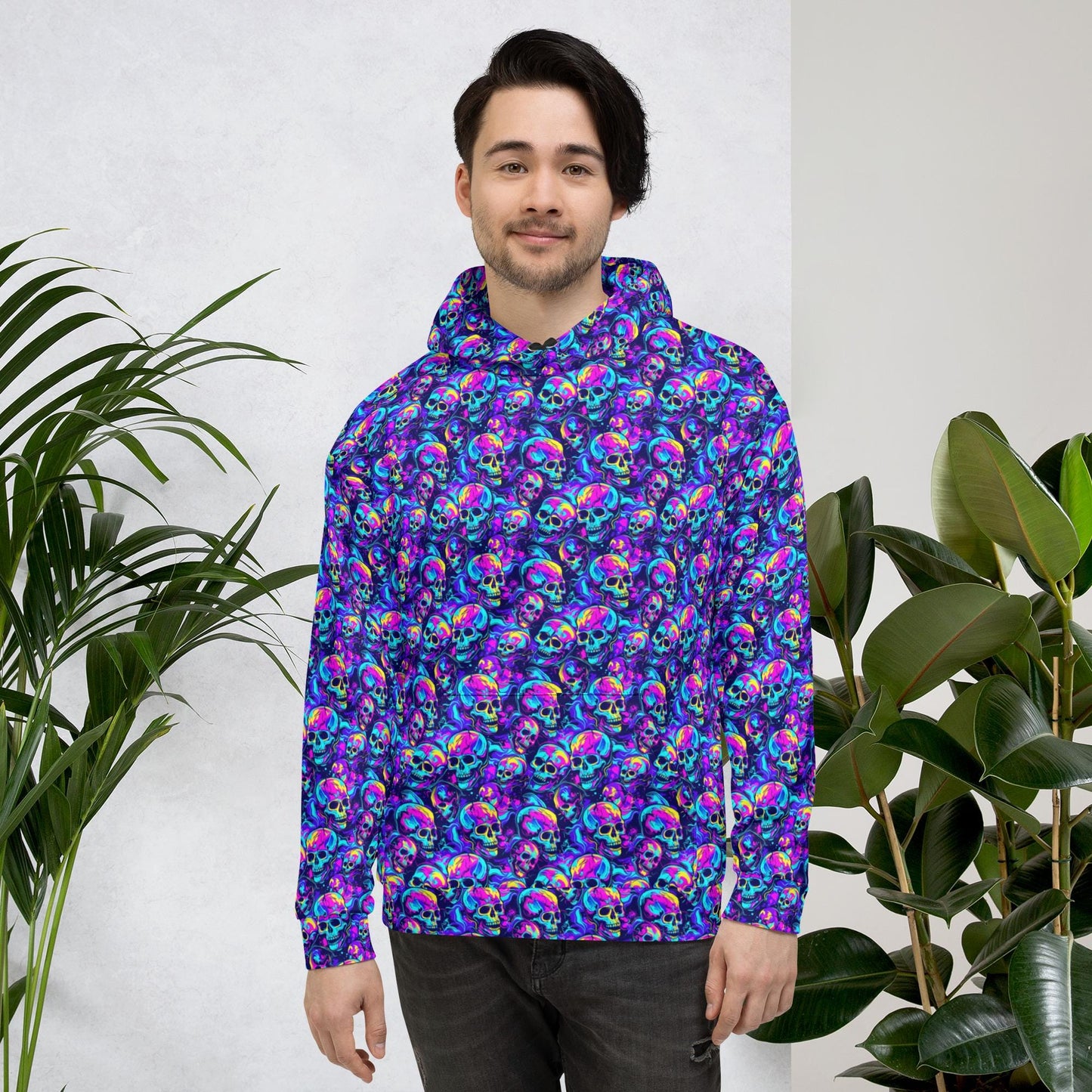 Neon skull design Hoodie Haloween Fall fashion EDM Teen Adult Men winter weather everyday casual relax style sweatshirt
