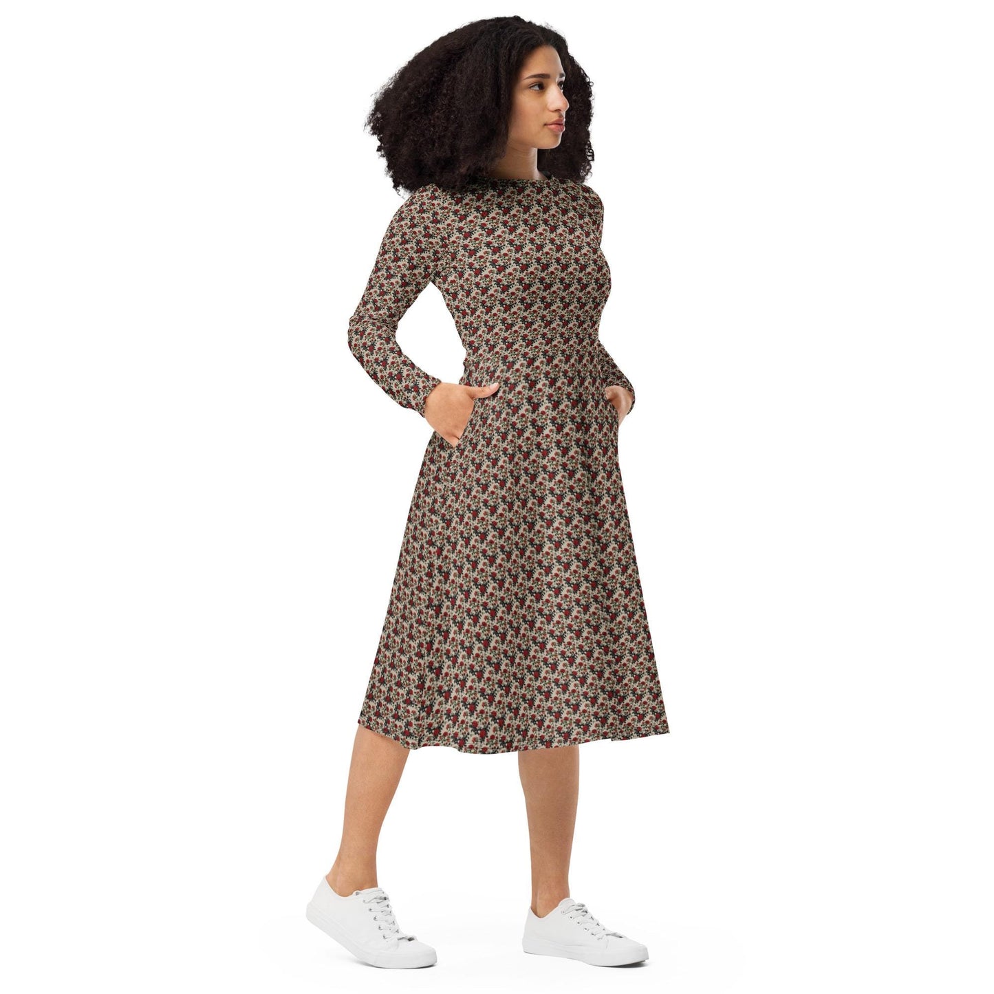 Red Roses long sleeve midi dress all over print pattern comfy femmy design for the entrepreneur stylish girl ready to wear out
