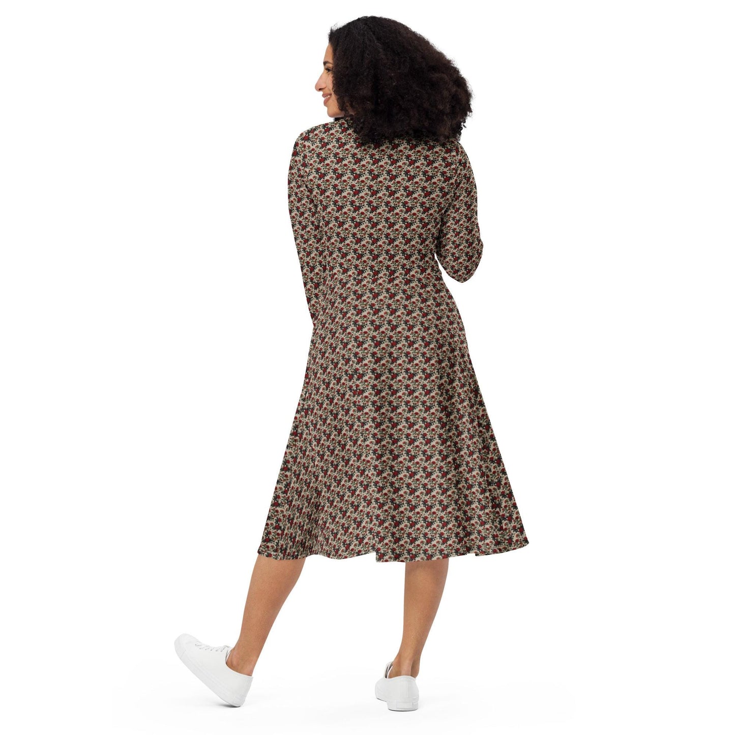 Red Roses long sleeve midi dress all over print pattern comfy femmy design for the entrepreneur stylish girl ready to wear out