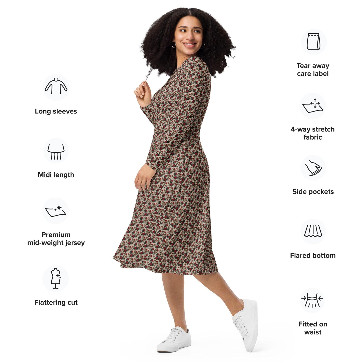 Red Roses long sleeve midi dress all over print pattern comfy femmy design for the entrepreneur stylish girl ready to wear out