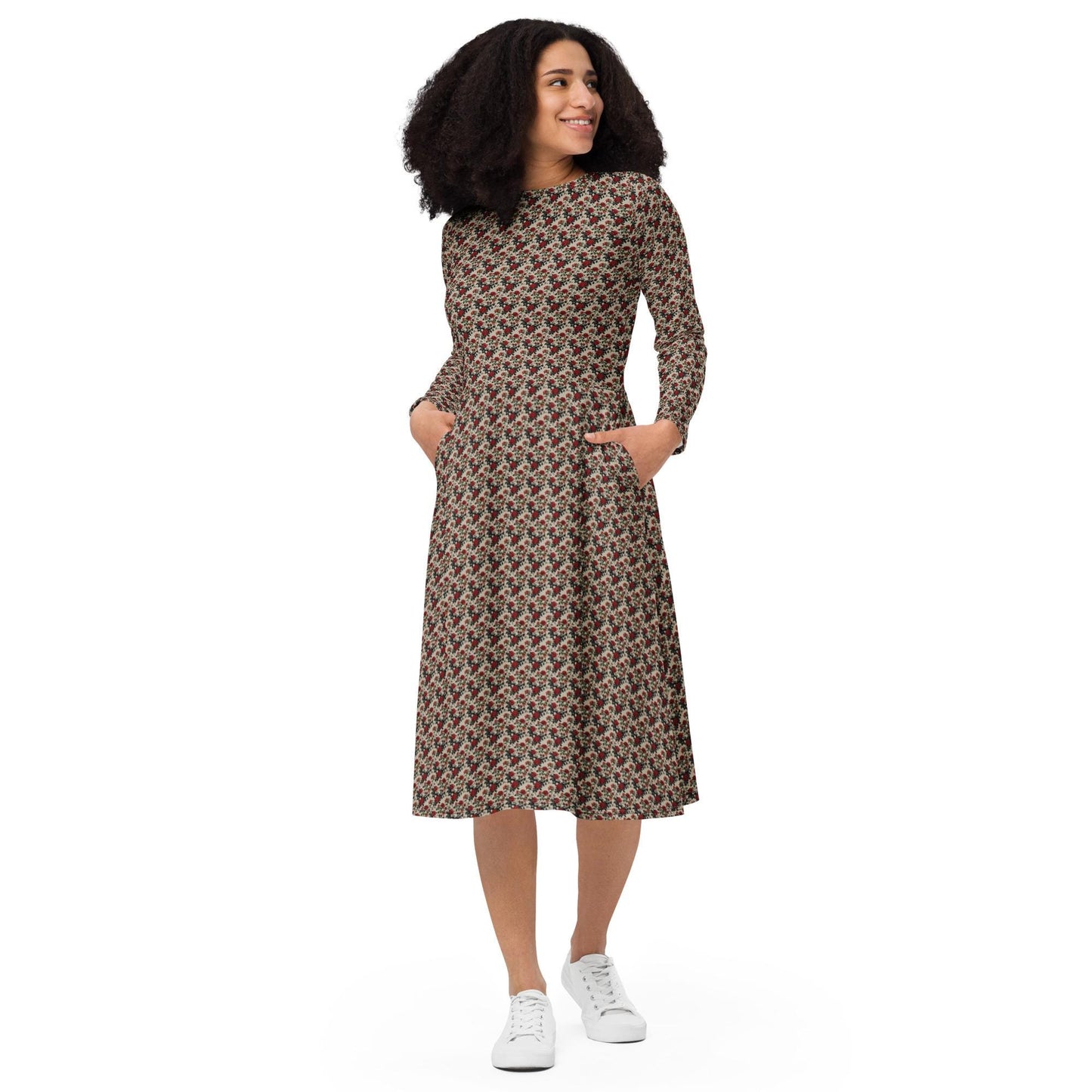 Red Roses long sleeve midi dress all over print pattern comfy femmy design for the entrepreneur stylish girl ready to wear out