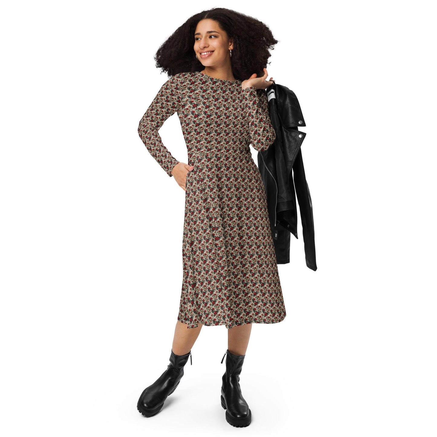 Red Roses long sleeve midi dress all over print pattern comfy femmy design for the entrepreneur stylish girl ready to wear out