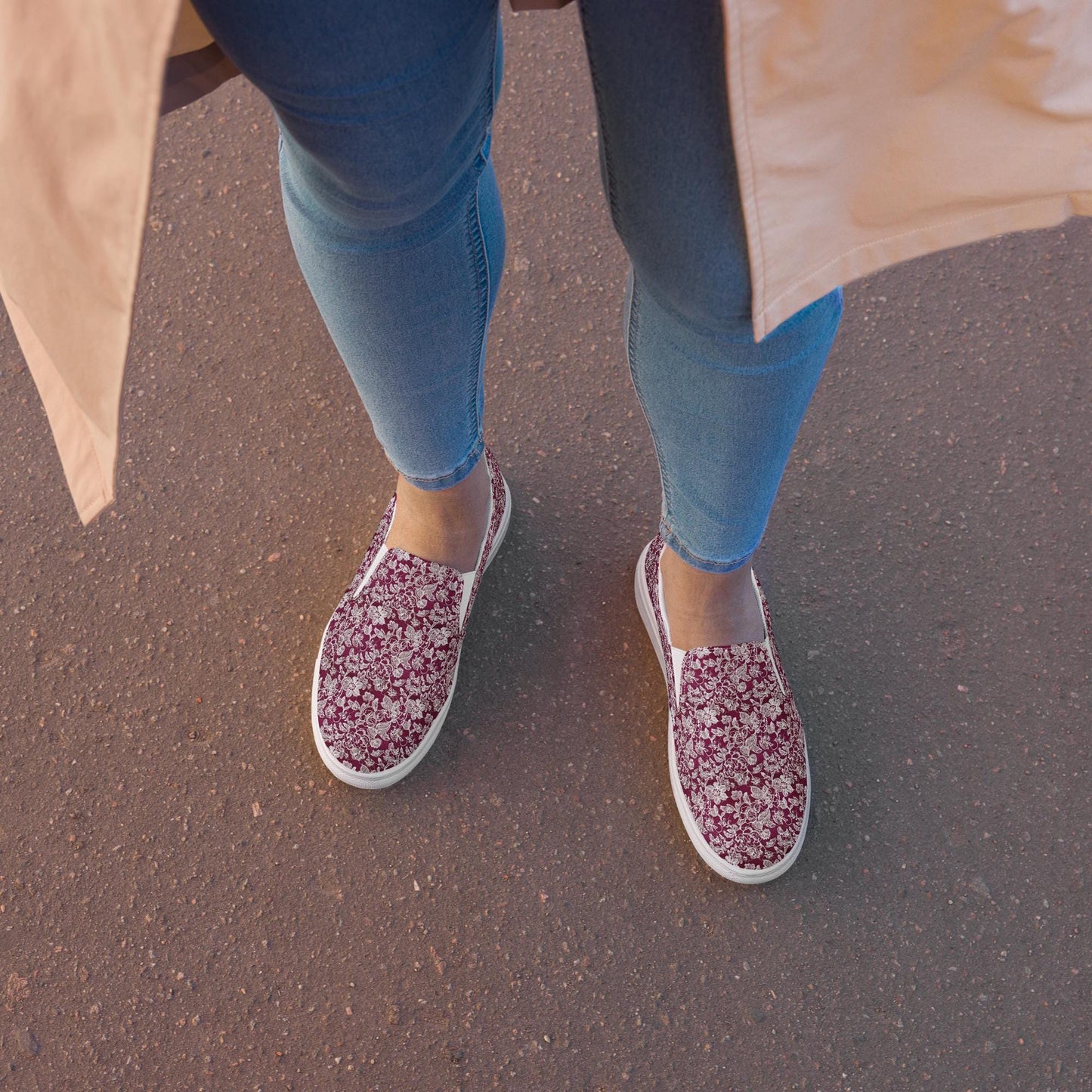 Women’s slip-on canvas shoes, Burgandy white lace canvas designer look casual cute jean skirt jogger pants slip-on rubber sole shoe