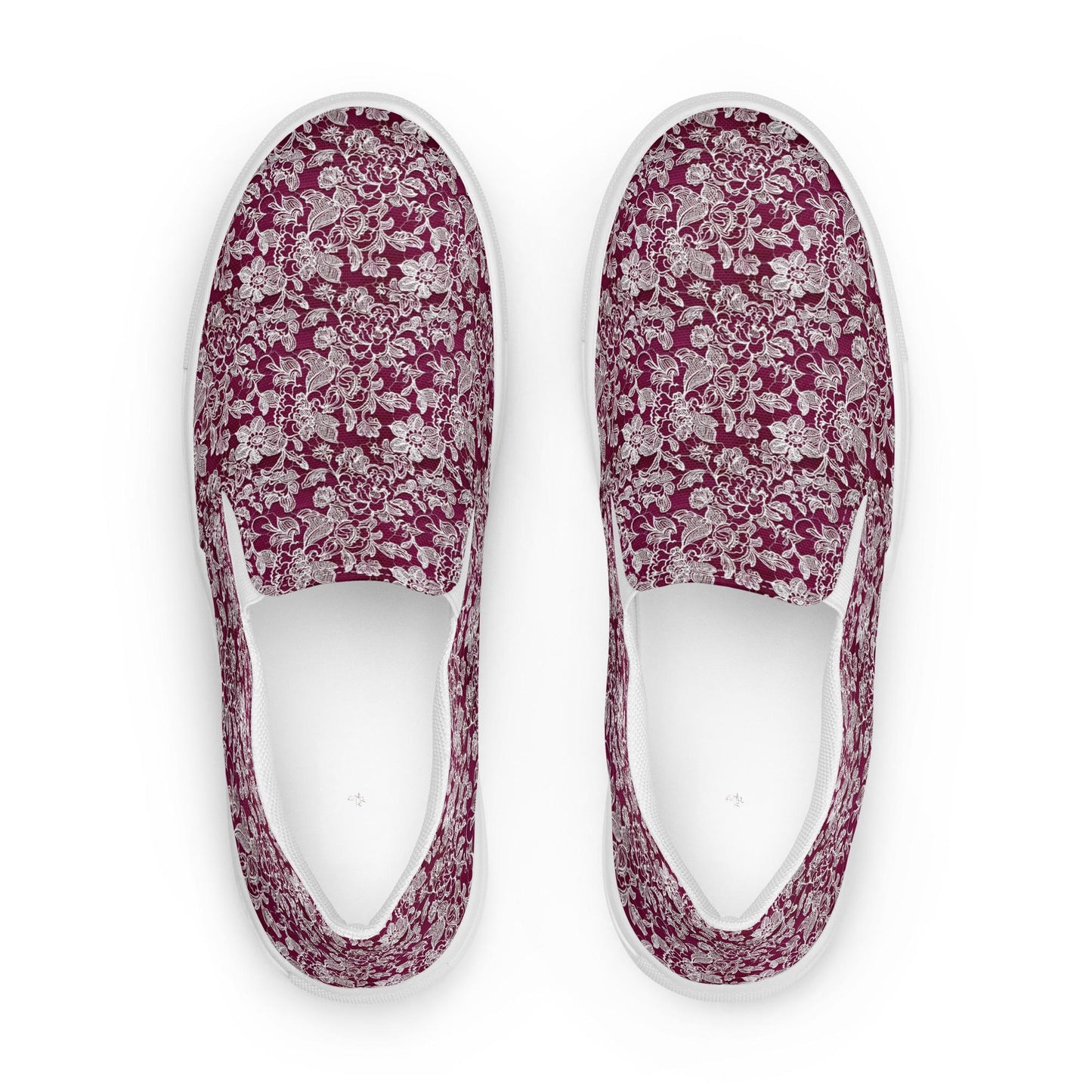 Women’s slip-on canvas shoes, Burgandy white lace canvas designer look casual cute jean skirt jogger pants slip-on rubber sole shoe