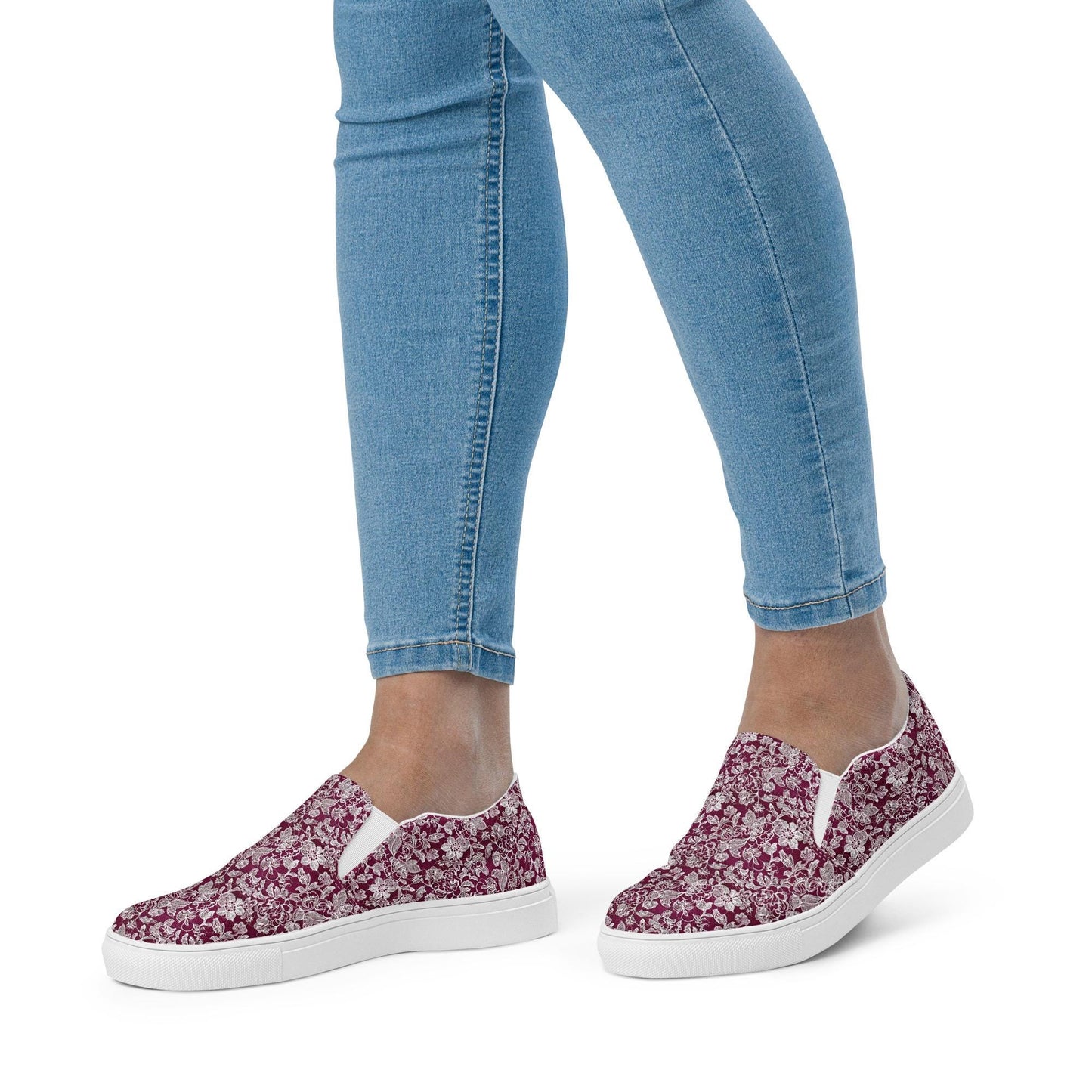Women’s slip-on canvas shoes, Burgandy white lace canvas designer look casual cute jean skirt jogger pants slip-on rubber sole shoe