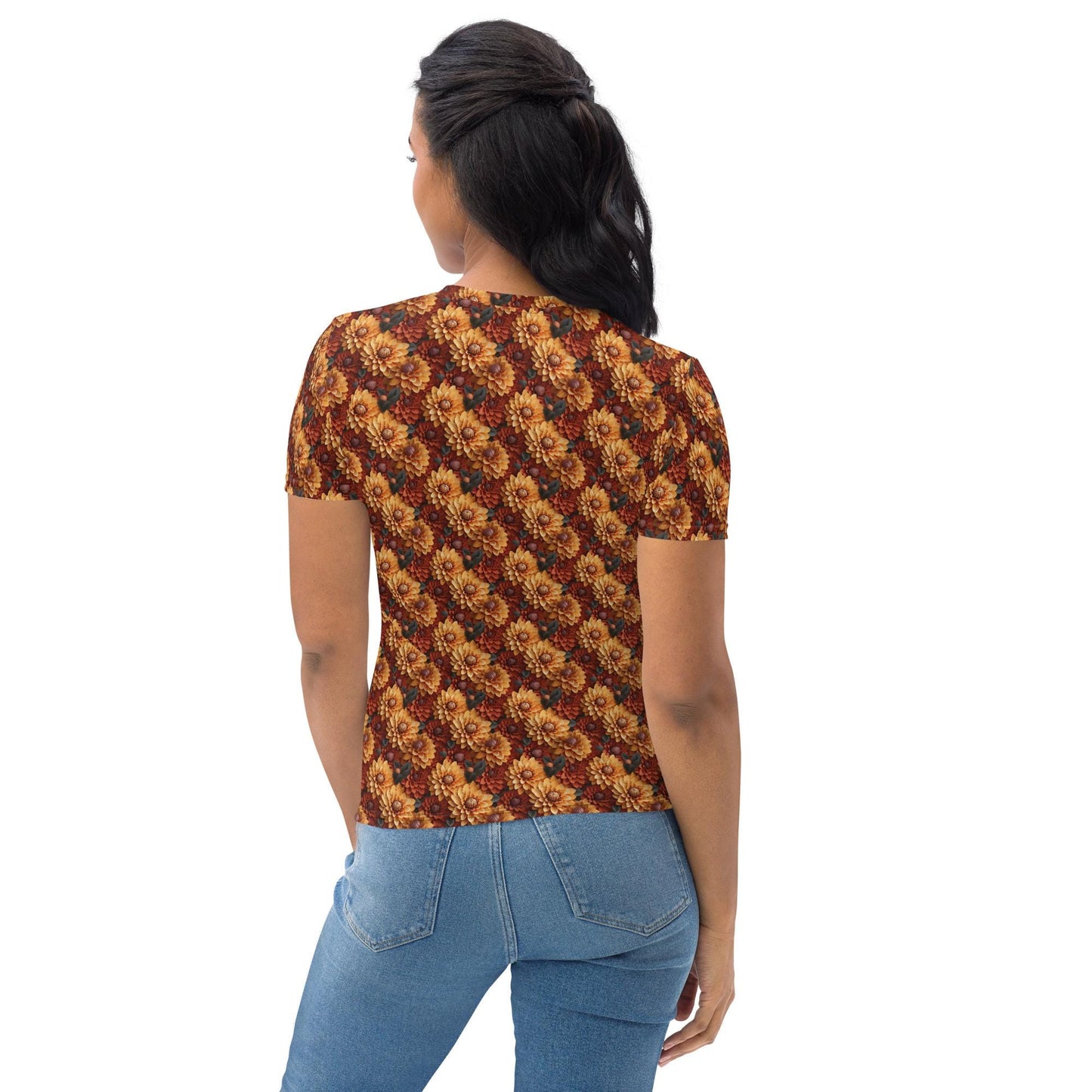 Women's T-shirt, Autumn floral all over print casual Fall fashion jean shorts skirt stylish everyday attractive shirt