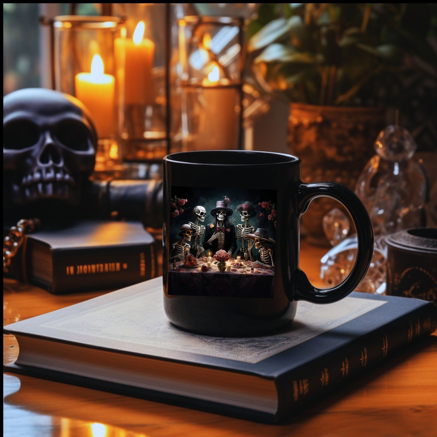 11oz Dia de Los Muertos Black Mug 11oz Day Of the Dead Halloween festive skeleton family dinner party portrait traditional Mexican art