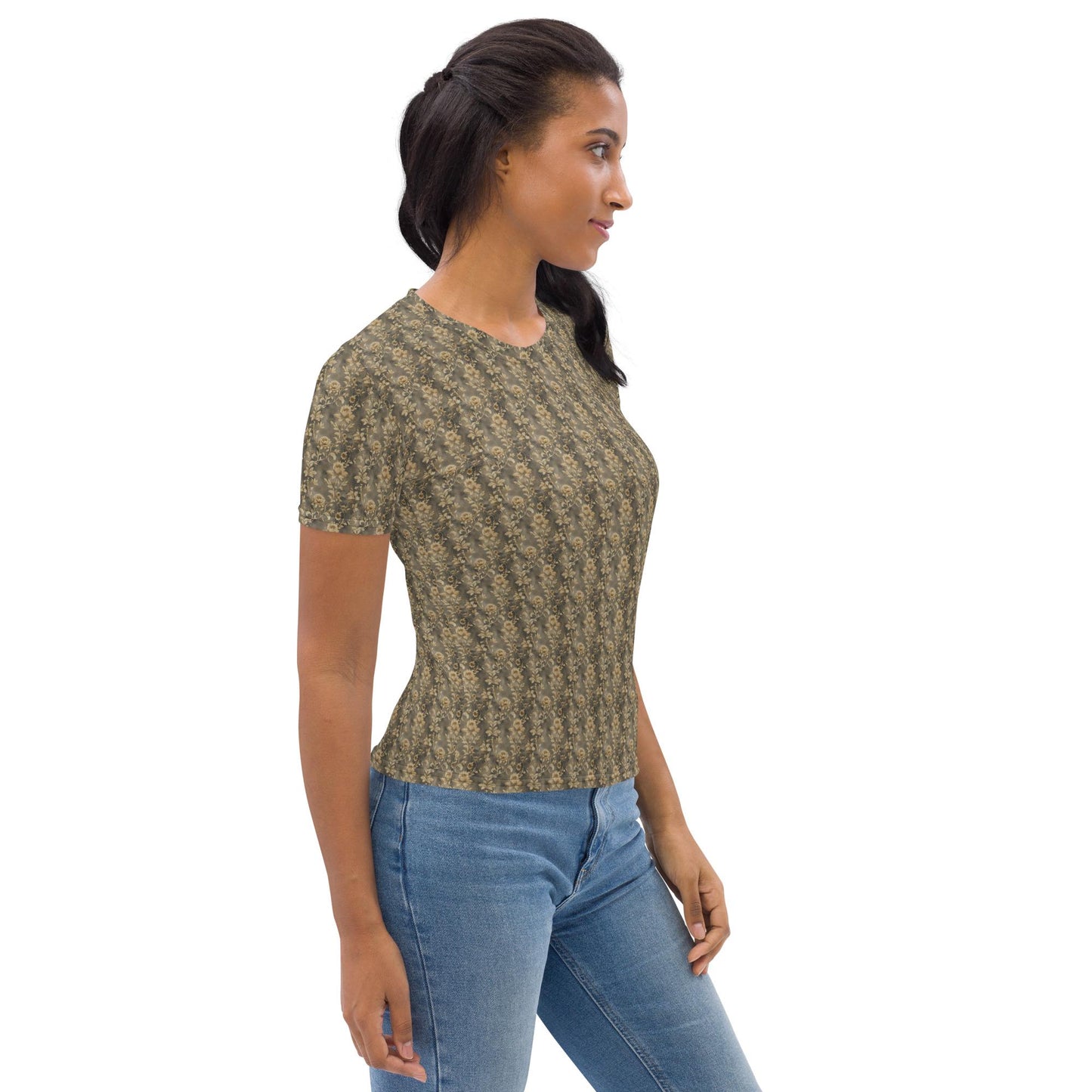 Women's gold rose pattern T-shirt all over design smooth soft casual everyday dinner lunch jean skirt shorts travel washable Tee