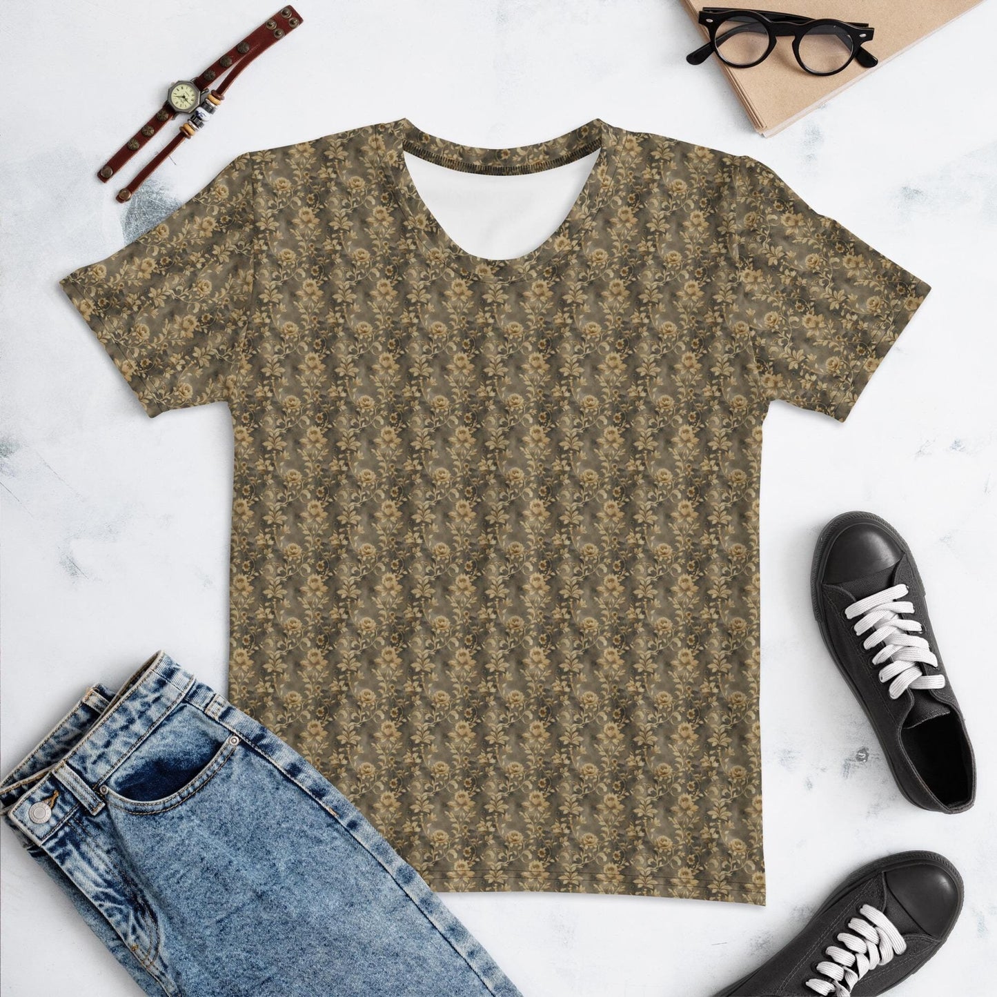 Women's gold rose pattern T-shirt all over design smooth soft casual everyday dinner lunch jean skirt shorts travel washable Tee