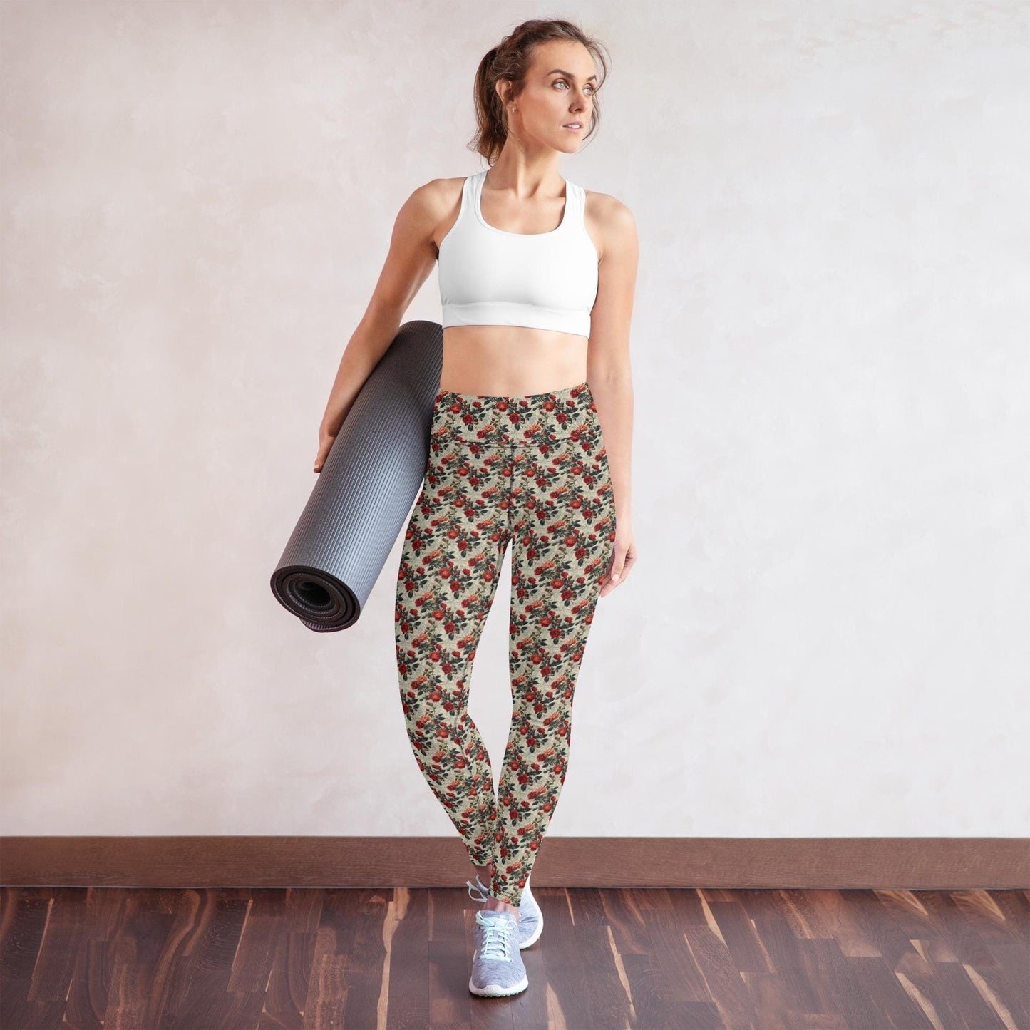 Yoga floral Leggings red roses all over pattern design pilates gym running walking shopping sweater hoodie pairing fashion stretchy pants