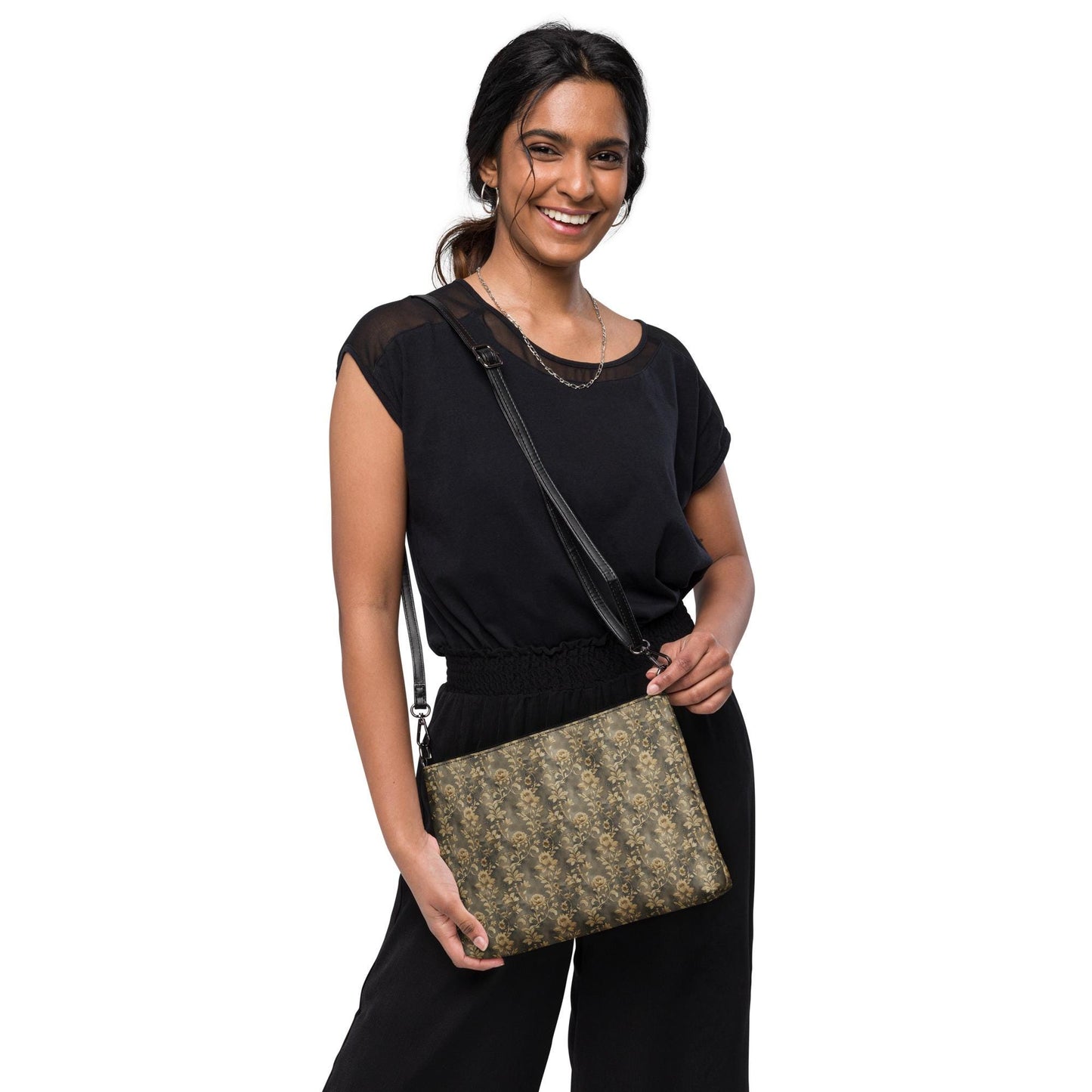 Gold rose pattern Crossbody bag stylish all over print hand carry shoulder strap design casual dressy day evening versatile attire purse