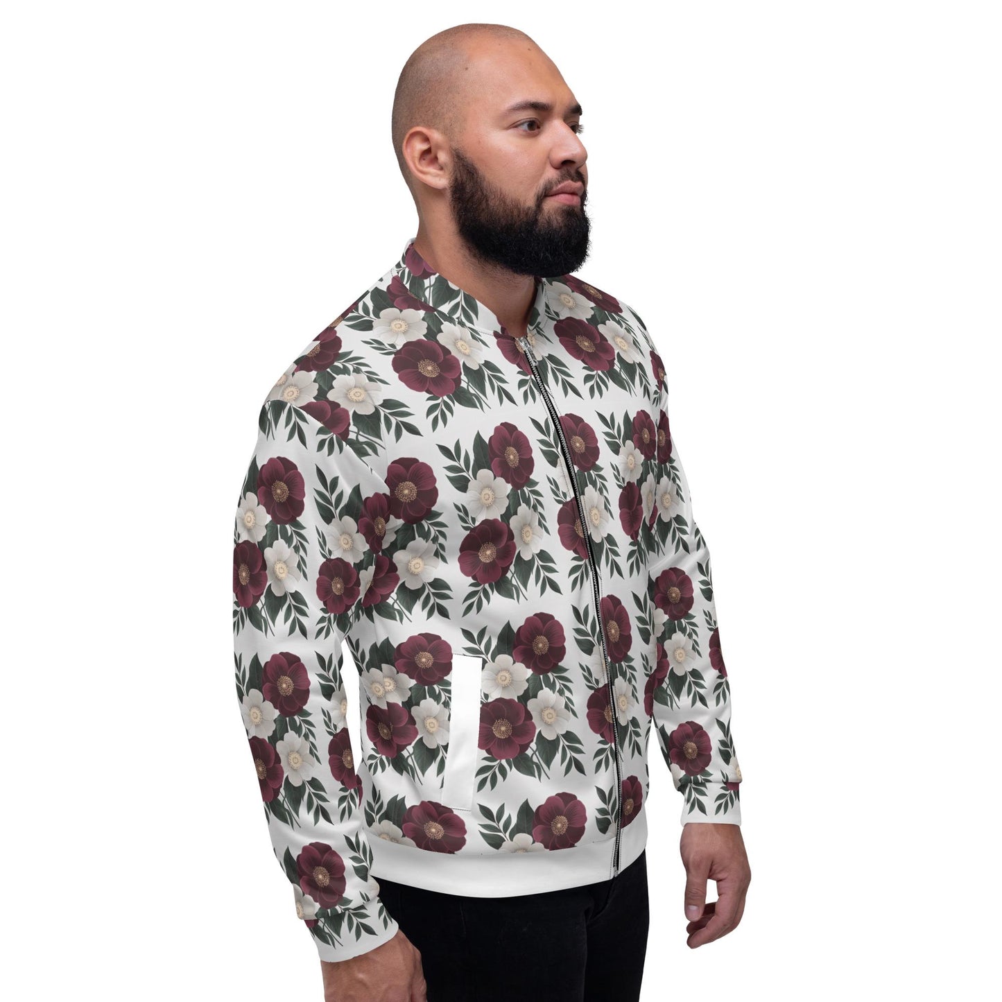Men's stylish Bomber Jacket Holiday fashion designer look soft casual dressy all over print statement jacket