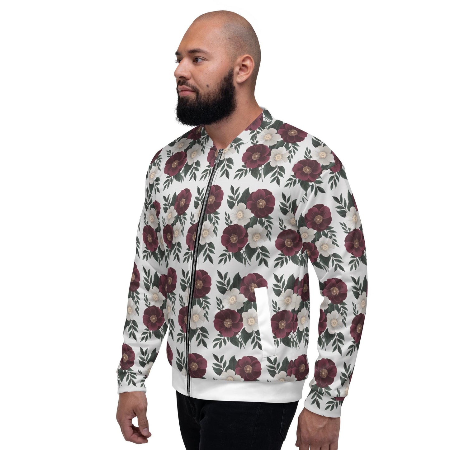 Men's stylish Bomber Jacket Holiday fashion designer look soft casual dressy all over print statement jacket