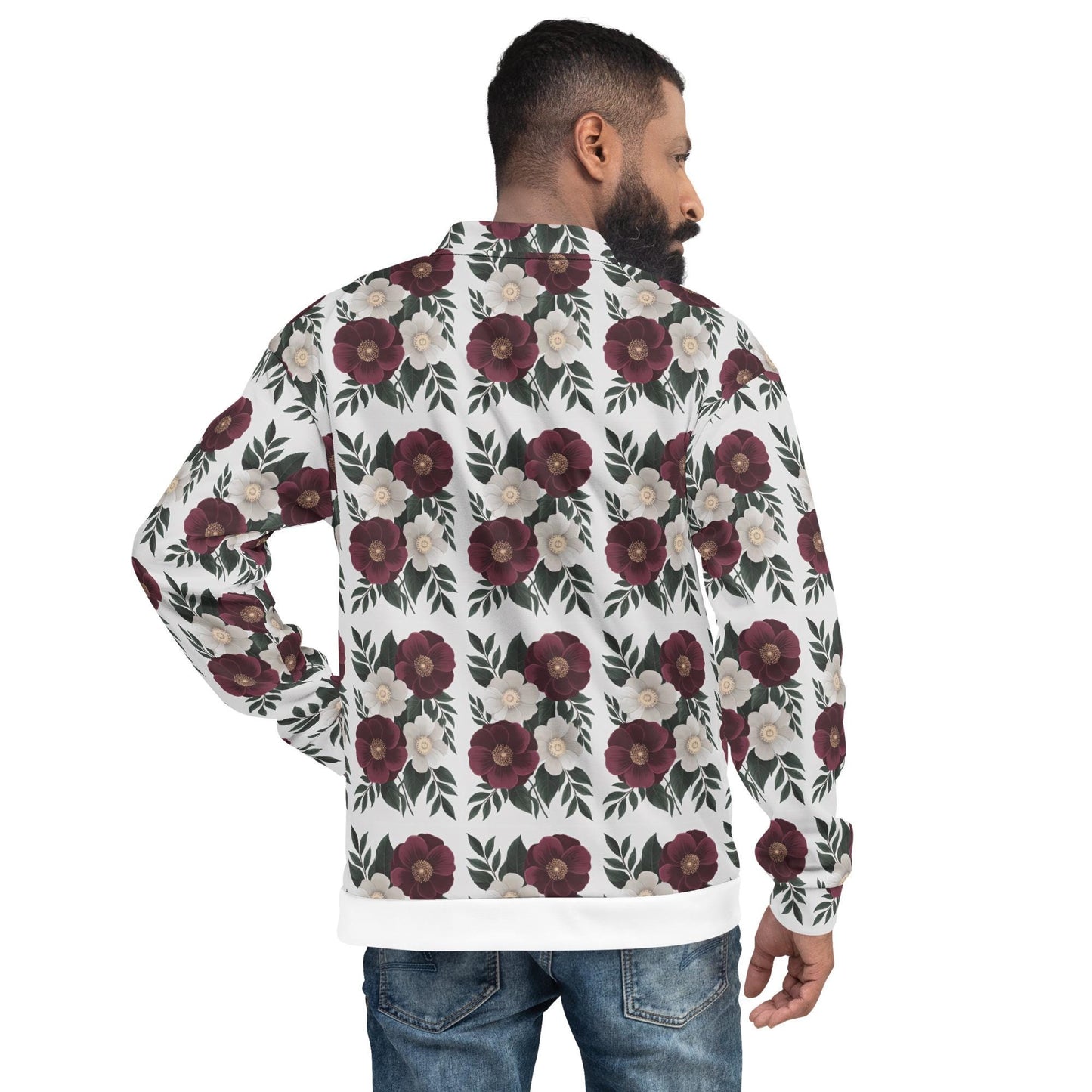 Men's stylish Bomber Jacket Holiday fashion designer look soft casual dressy all over print statement jacket