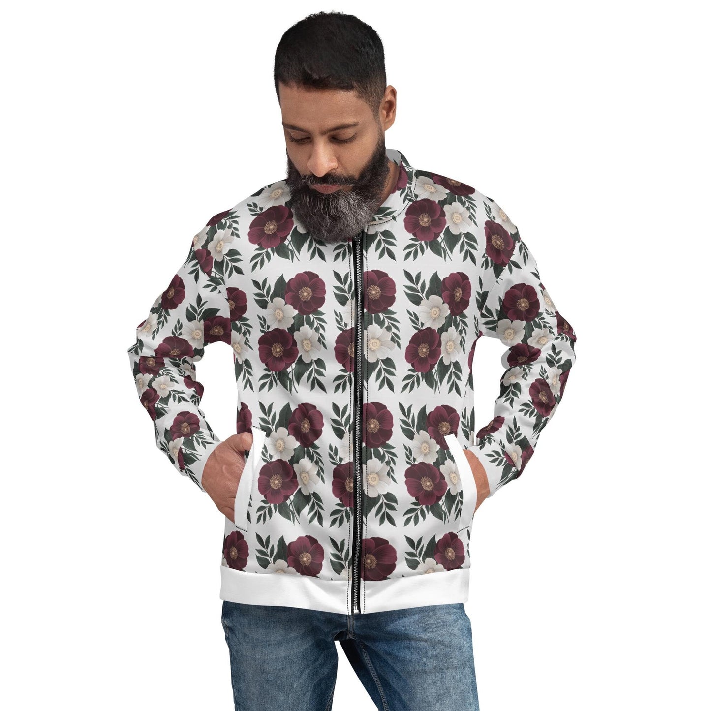Men's stylish Bomber Jacket Holiday fashion designer look soft casual dressy all over print statement jacket