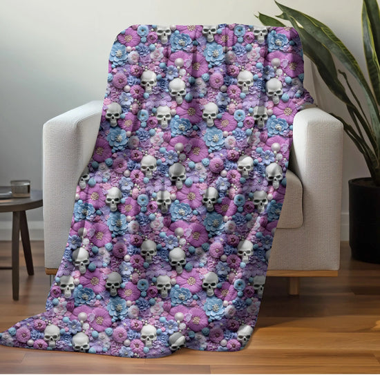 Gothic Plush Blanket, Day of the Dead Sugar Skull Purple Accent Throw, Halloween Home Decor, Velveteen Cozy Blanket