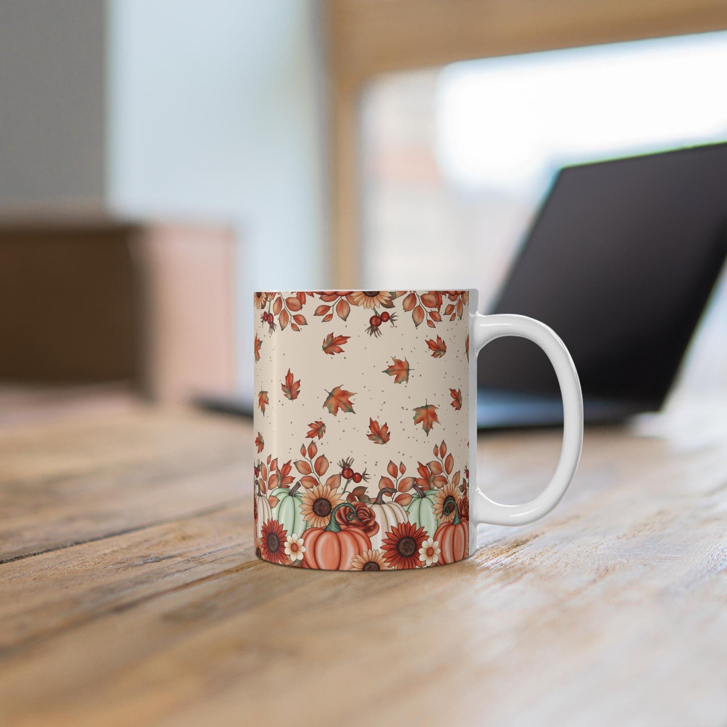 Autumn Leaves & Pumpkins Mug, Cozy Fall Coffee Cup, Thanksgiving Gift, Seasonal Decorations, Harvest Celebration