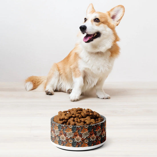 Fall Floral Pet bowl all over print pattern design water kibble wet food stylish decor luxury upscale doggy plate