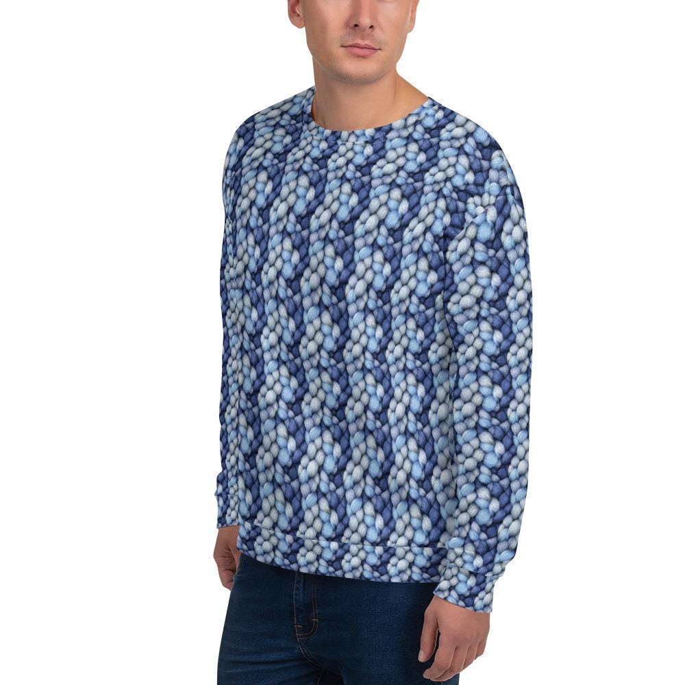 Men's Cozy Blue Pattern Knitted Sweatshirt - Stylish & Comfy Cotton Feel for All Occasions