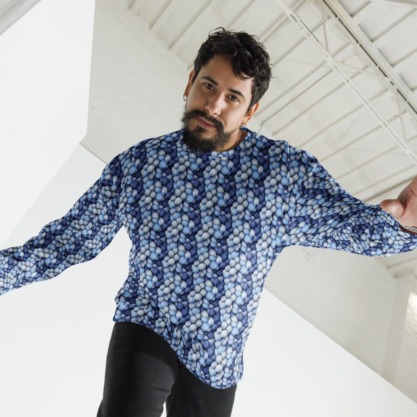 Men's Cozy Blue Pattern Knitted Sweatshirt - Stylish & Comfy Cotton Feel for All Occasions