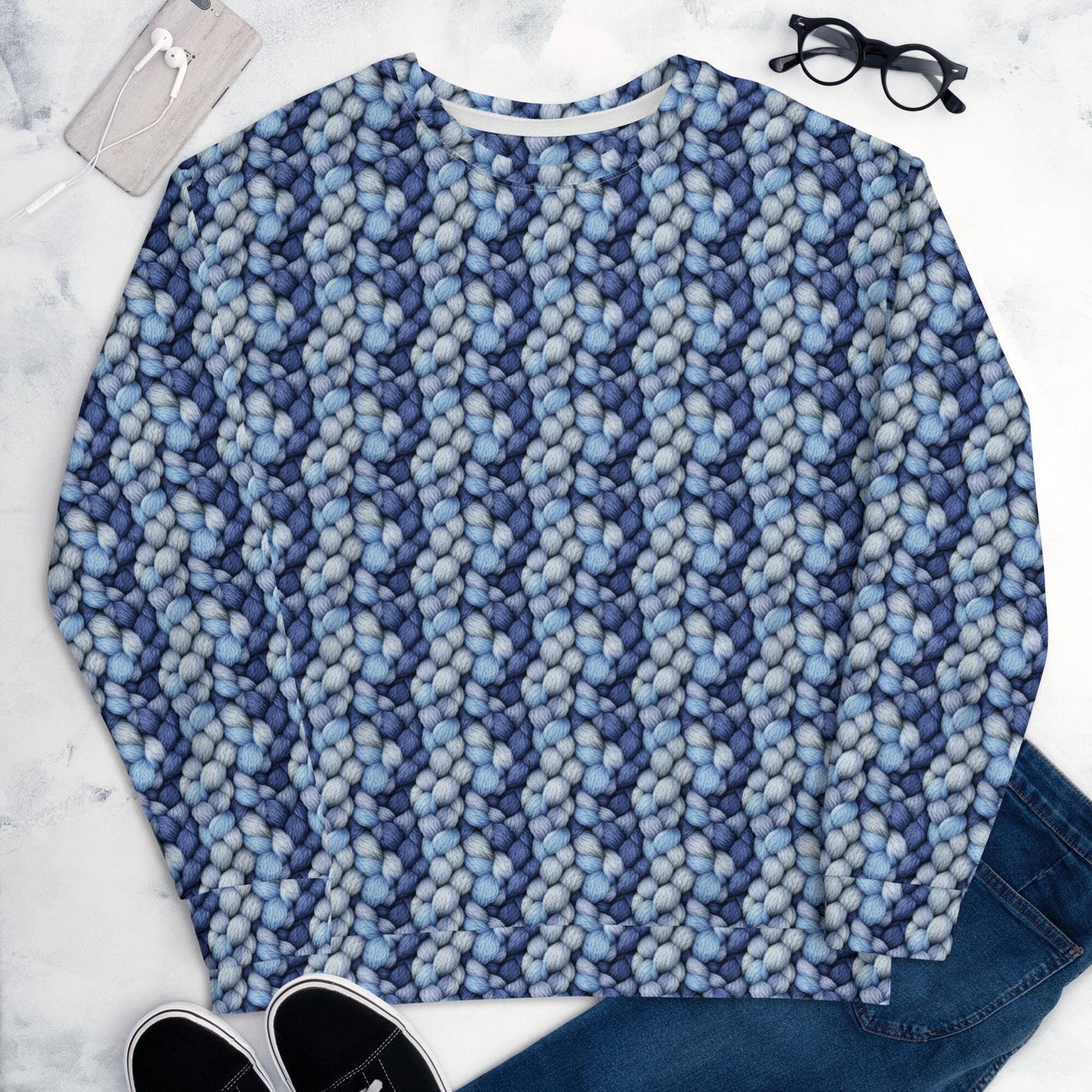 Men's Cozy Blue Pattern Knitted Sweatshirt - Stylish & Comfy Cotton Feel for All Occasions