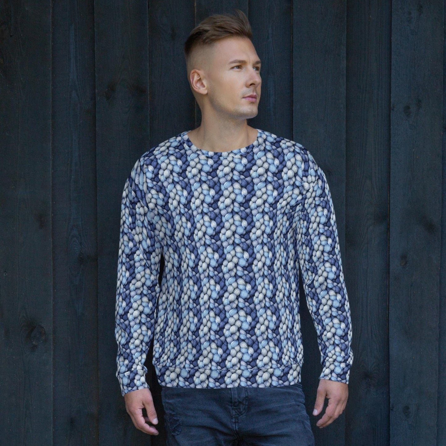 Men's Cozy Blue Pattern Knitted Sweatshirt - Stylish & Comfy Cotton Feel for All Occasions