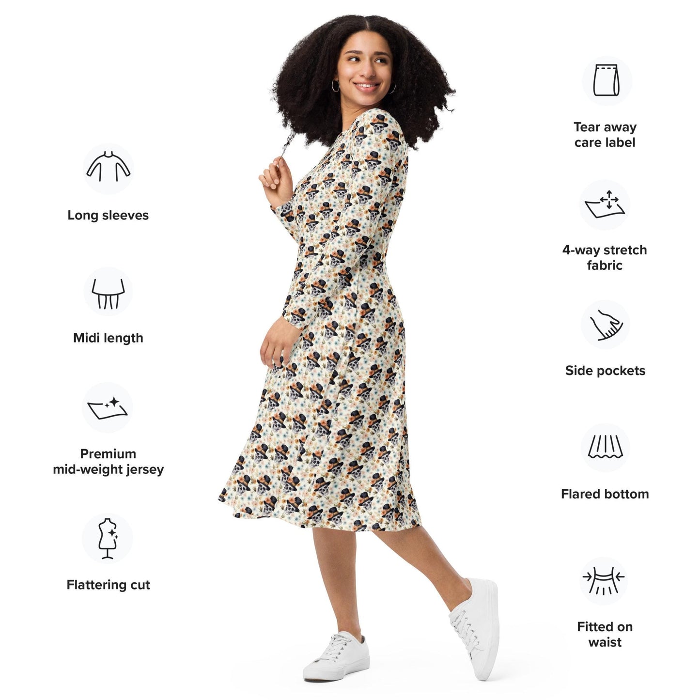 Gothic Floral Skull midi dress all-over print long sleeve casual dinner date comfortable holiday Halloween spirit waist trimming outfit