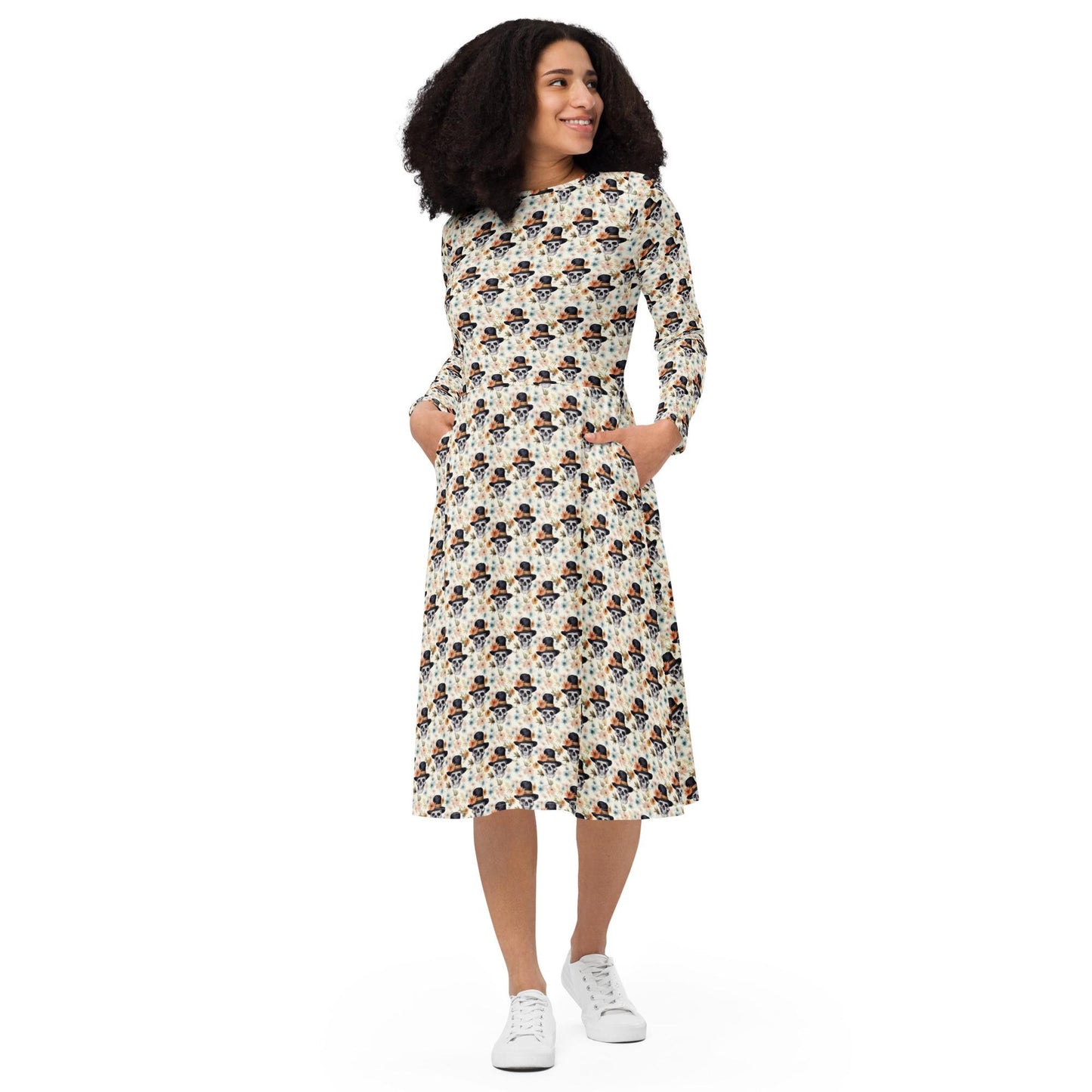 Gothic Floral Skull midi dress all-over print long sleeve casual dinner date comfortable holiday Halloween spirit waist trimming outfit