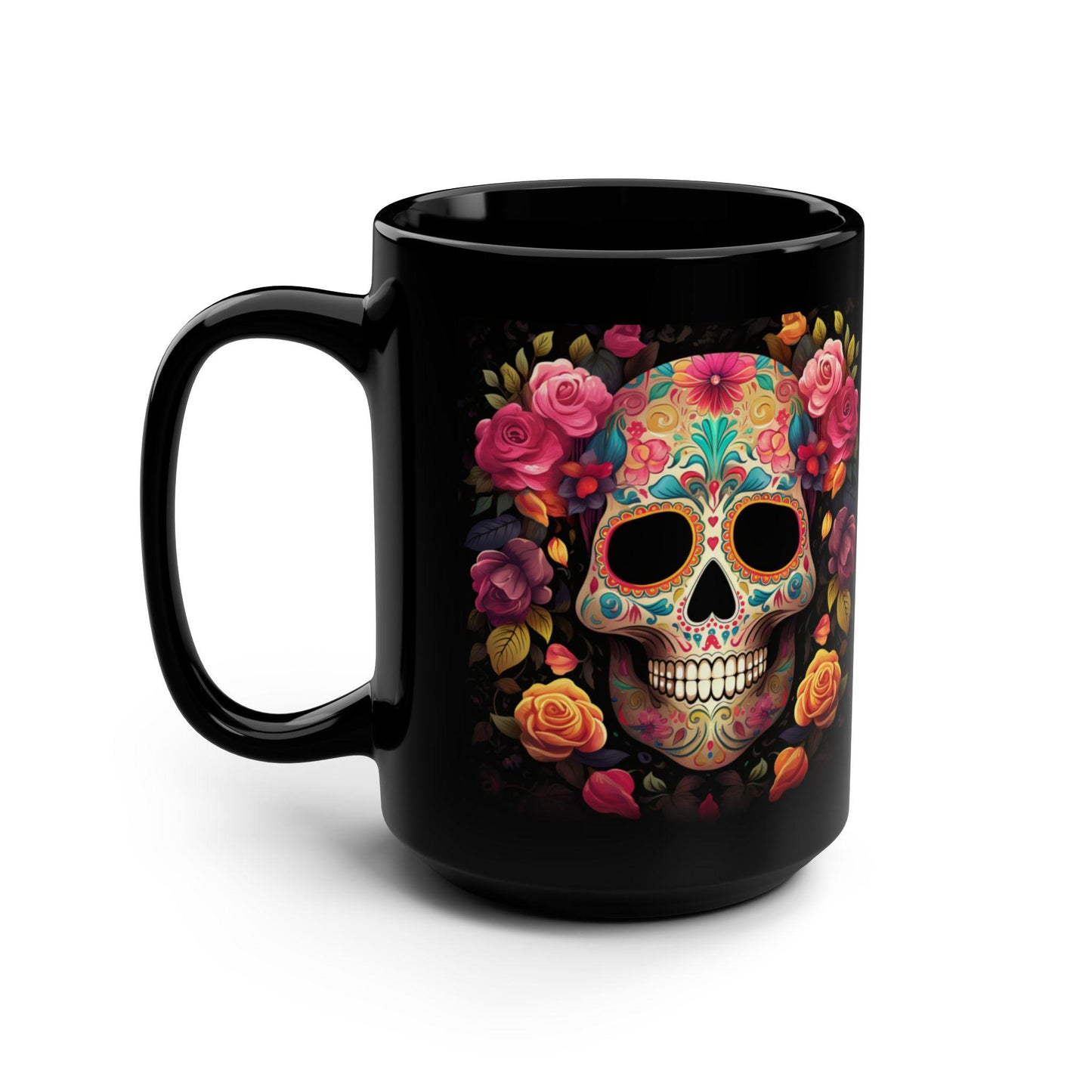 Black Mug, 15oz, Day of The Dead, Dia de Los Muertos, Halloween Mug, Dark Mug, Large Coffee Mug, Festive Mug, Holiday Mug