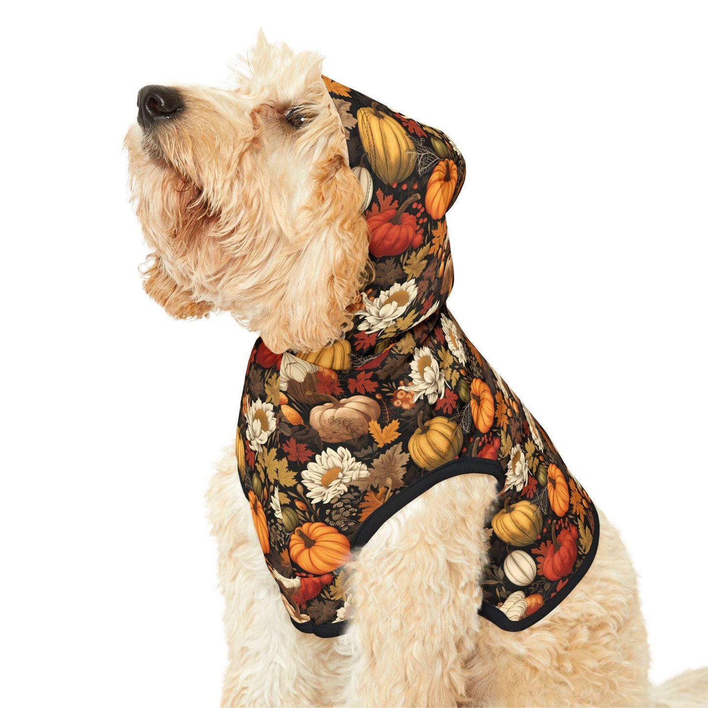 Fall Floral Pet Hoodie, Cozy Dog Sweater, Halloween Costume Alternative, Pumpkin Print Dog Outfit, Autumn Dog Apparel