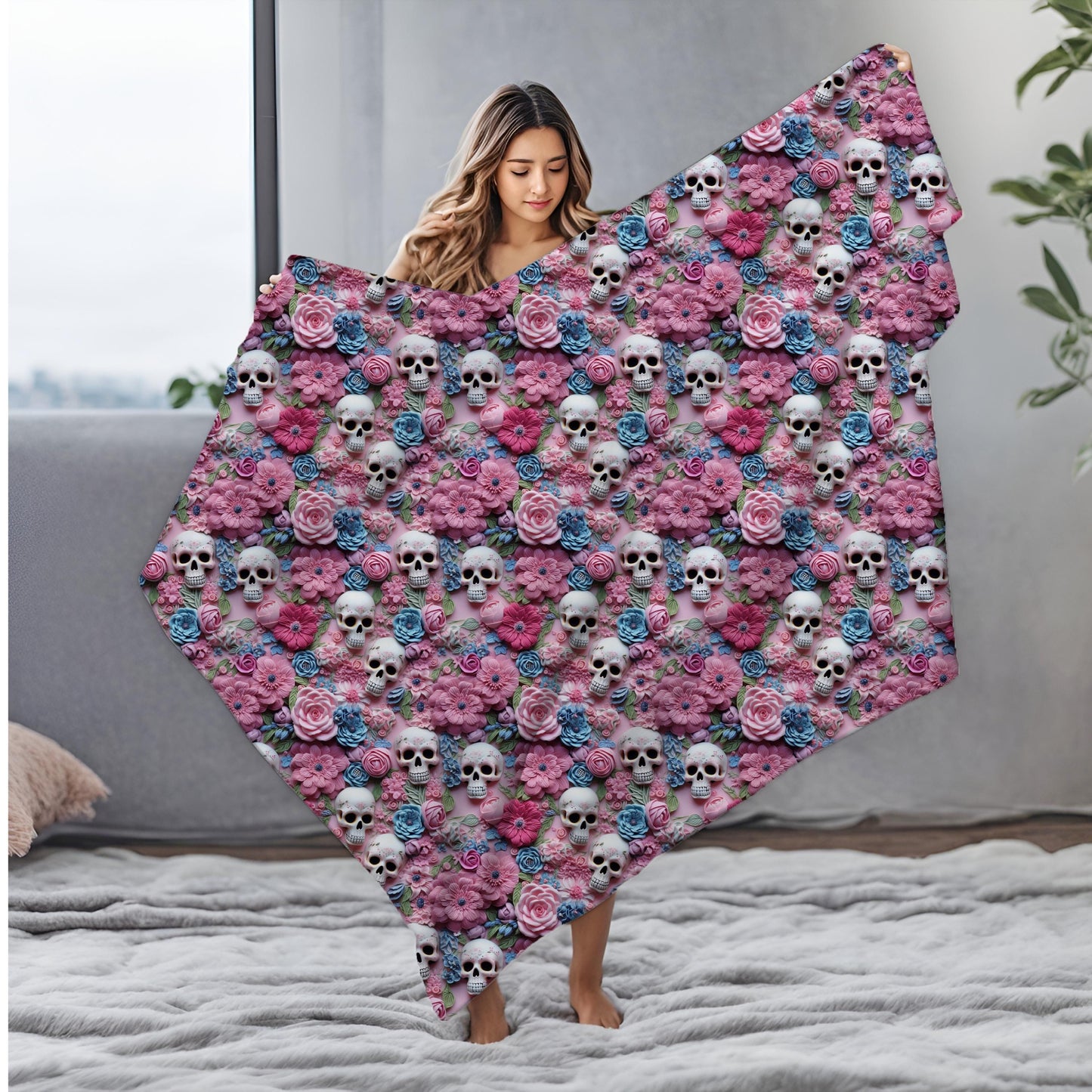 Skull & Floral Velveteen Blanket, Two- Sided Cozy Throw for Home Decor, Perfect for Halloween, Day of the Dead, Gothic Style, Unique Gift