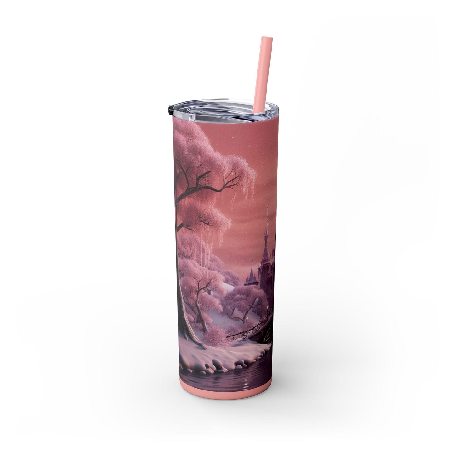 Pink Holiday Skinny Tumbler with Straw, 20oz - Pretty Pink Xmas Christmas Novelty, Female Gift