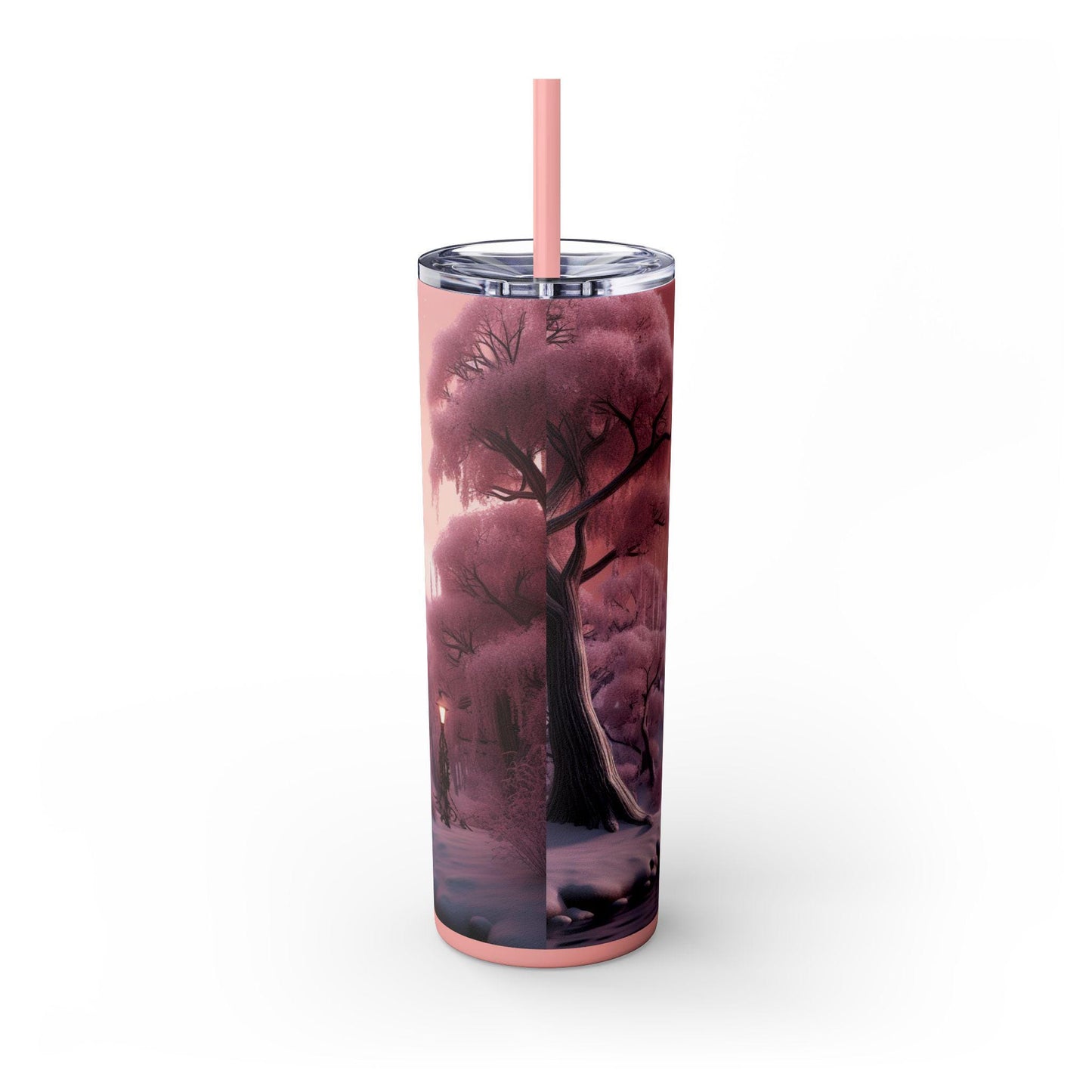 Pink Holiday Skinny Tumbler with Straw, 20oz - Pretty Pink Xmas Christmas Novelty, Female Gift