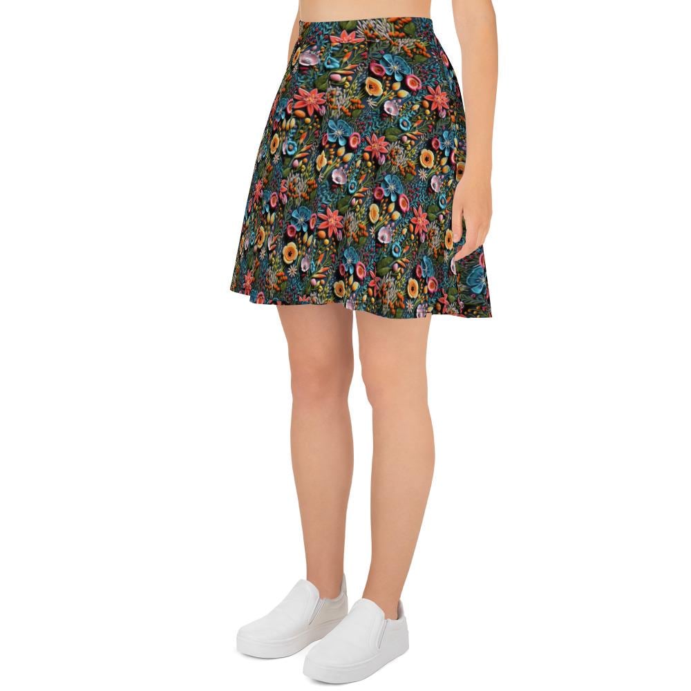 Vibrant All-Over 3D Threaded Floral Print Skater Skirt | Feminine Summer Style | Customizable Sizes