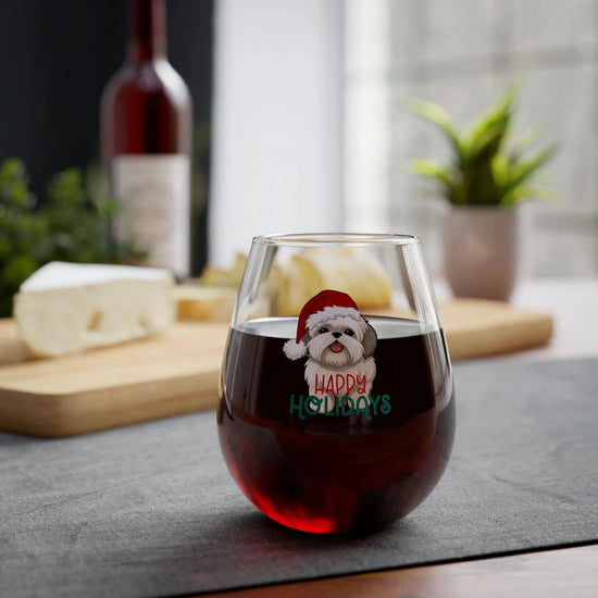 Shitzu Stemless Wine Glass, 11.75oz - Dog Lover Party Red Wine Glass, Xmas Gift, Holiday Glassware, Cute Animal Glass, Pet Owner Present The Aurora Touch