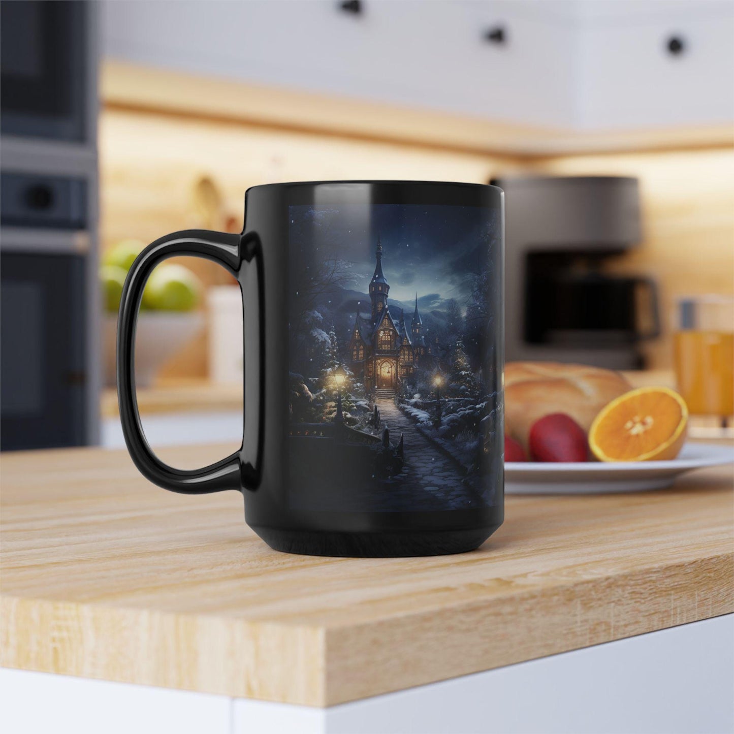 Winter's Night Scenery Black Mug, 15oz - Holiday Novelty Mug, Designer Portrait Mug, Home Decor, Stocking Stuffer