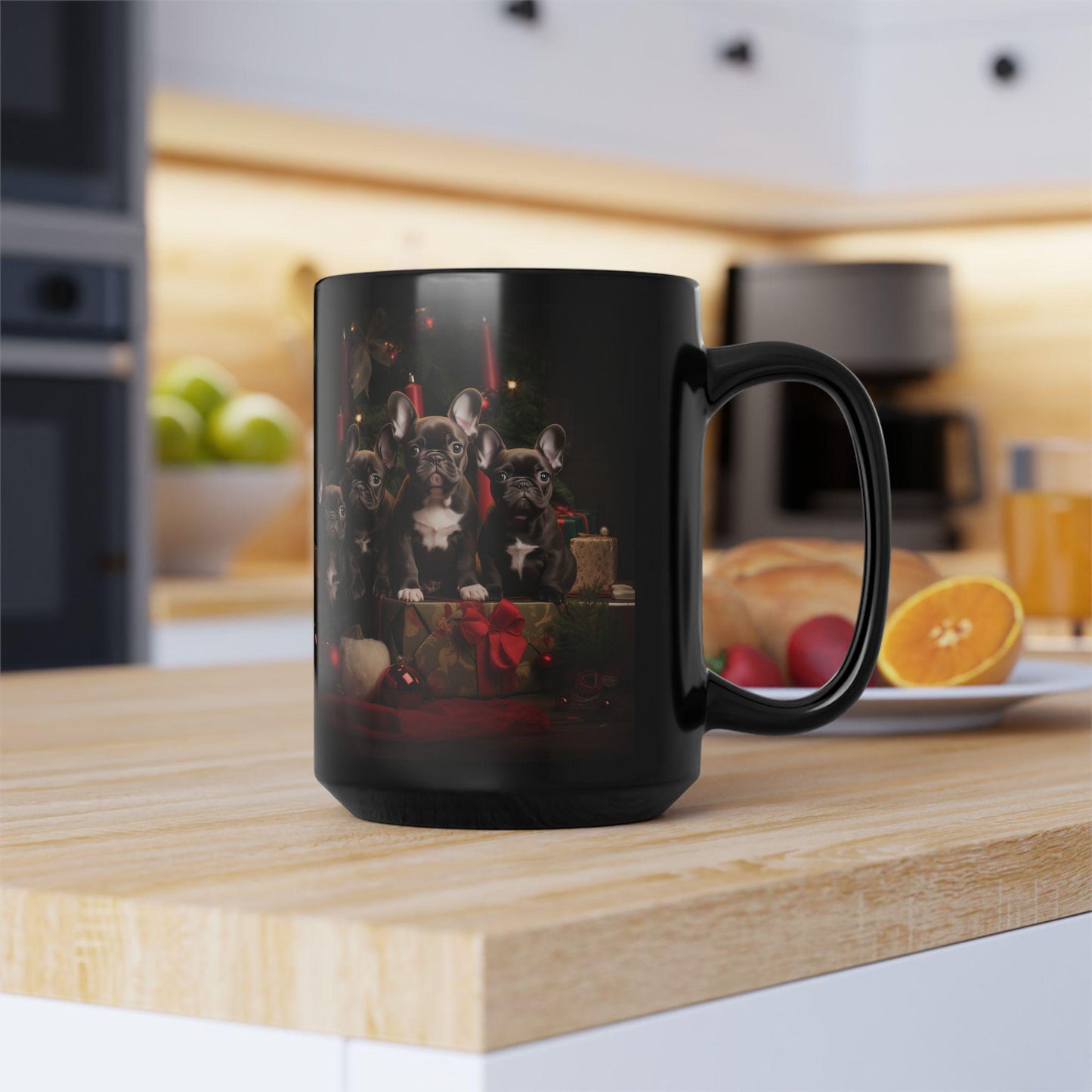 Holiday Frenchie Dog 15oz Black Mug - Pet Lovers Christmas Gift, Coffee Tea Cup for Doctors and Vet Office, Holiday Dogs Mug