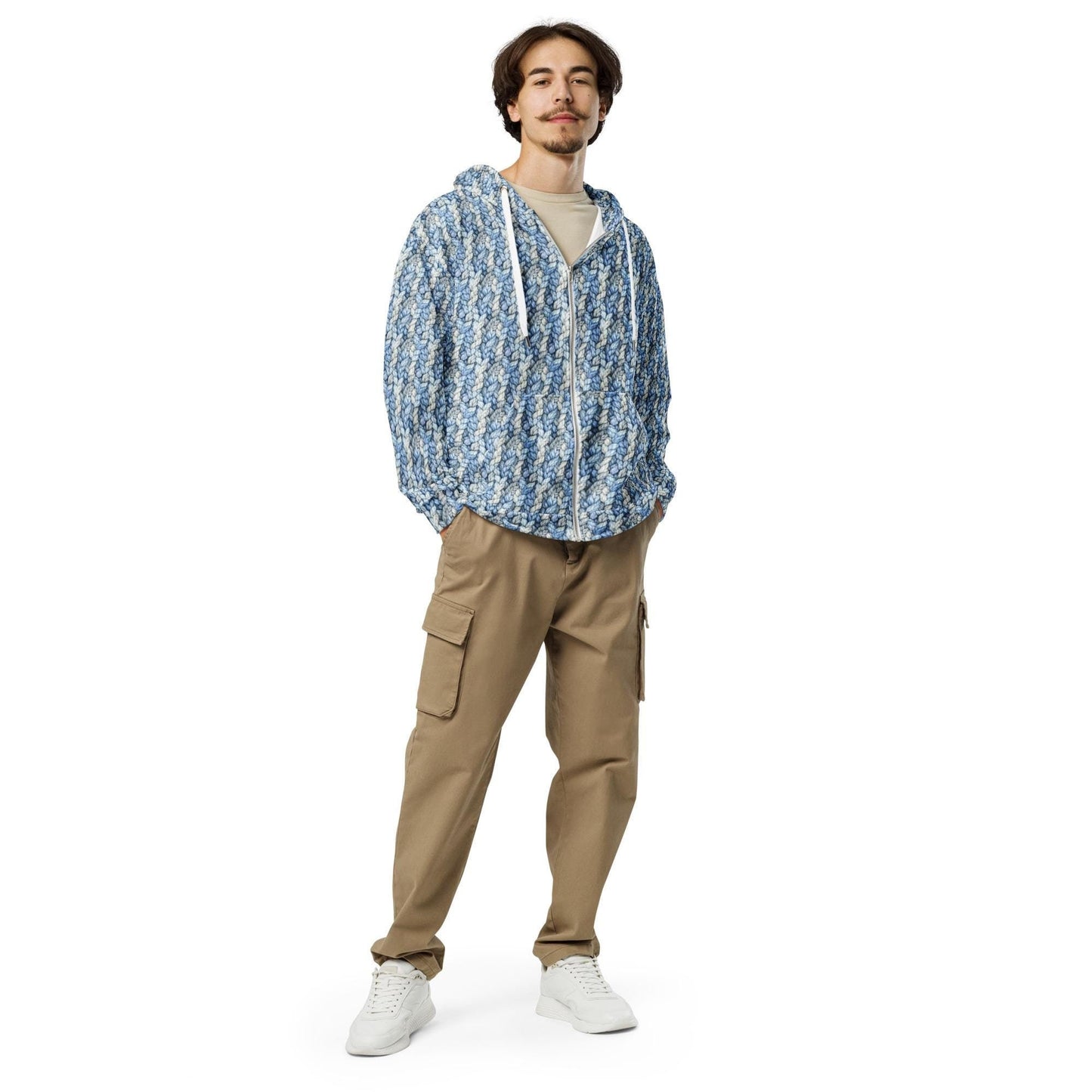 Men's Casual All Over Print Stylish Zip Hoodie - Trendy Fashion Hoodie - Unique Blue Crotchet Graphic Design - Perfect for Everyday Wear