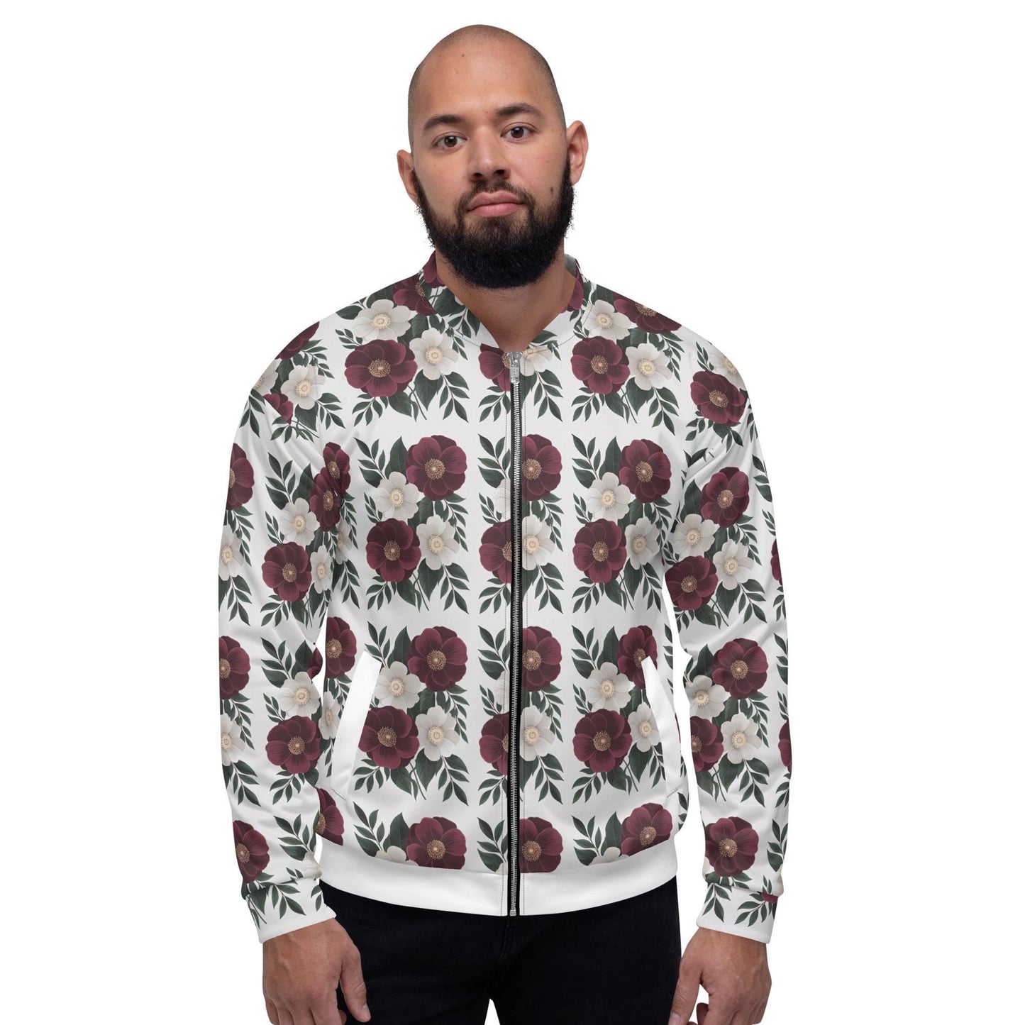 Men's stylish Bomber Jacket Holiday fashion designer look soft casual dressy all over print statement jacket