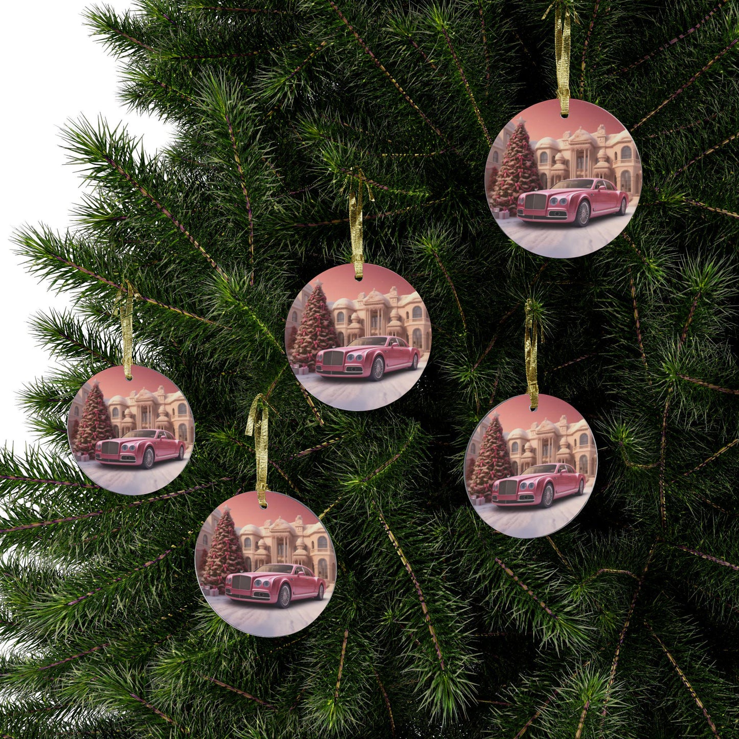 Adornos acrílicos, diseño de escena navideña de coche de lujo, adornos para árbol de Navidad y decoración festiva, rosa, Beverly Hills, Barbie rosa, regalo navideño de lujo