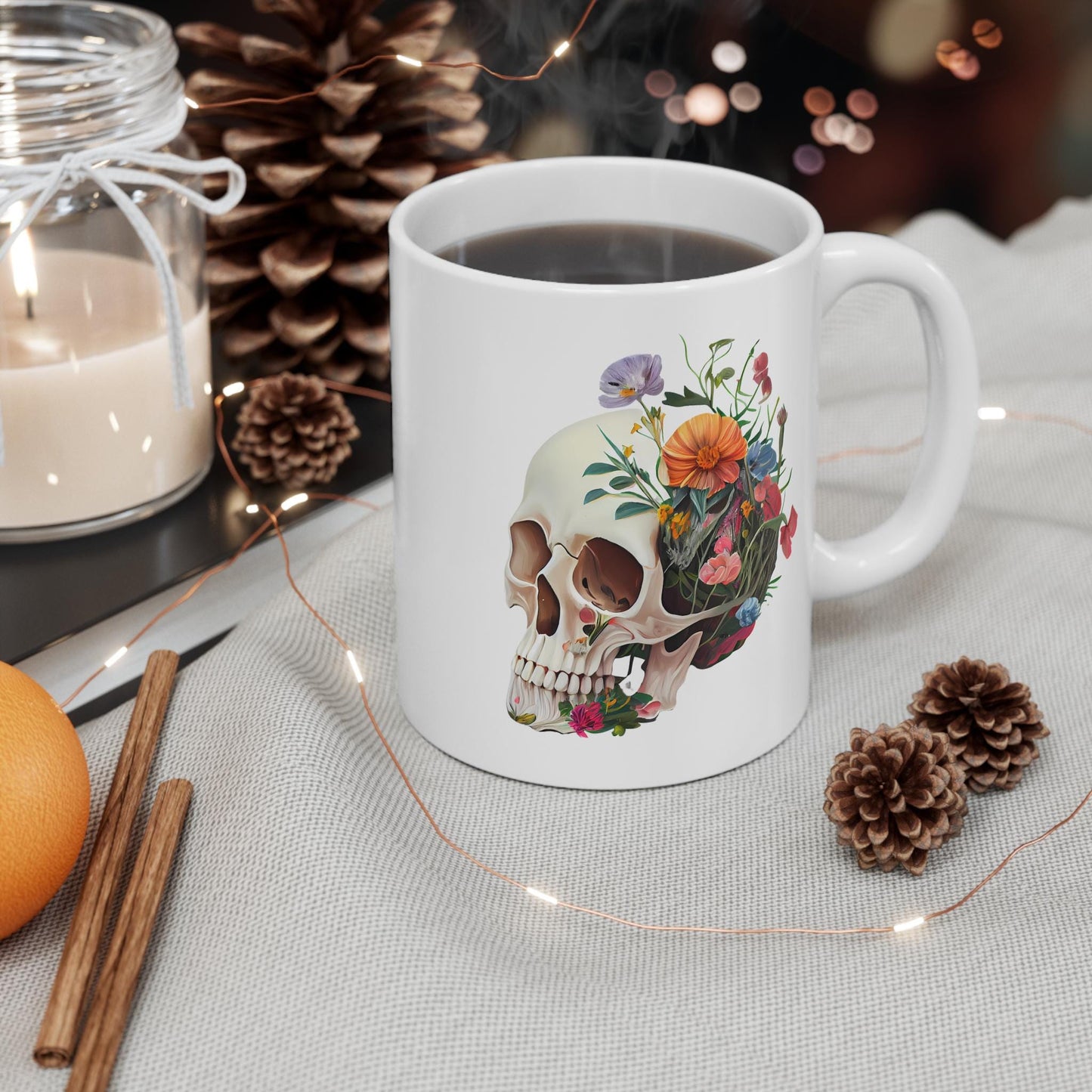 Floral Skull Mug - Artistic Coffee Cup for Floral Lovers, Unique Gift, Home Décor, Halloween Decoration, Custom Drinkware