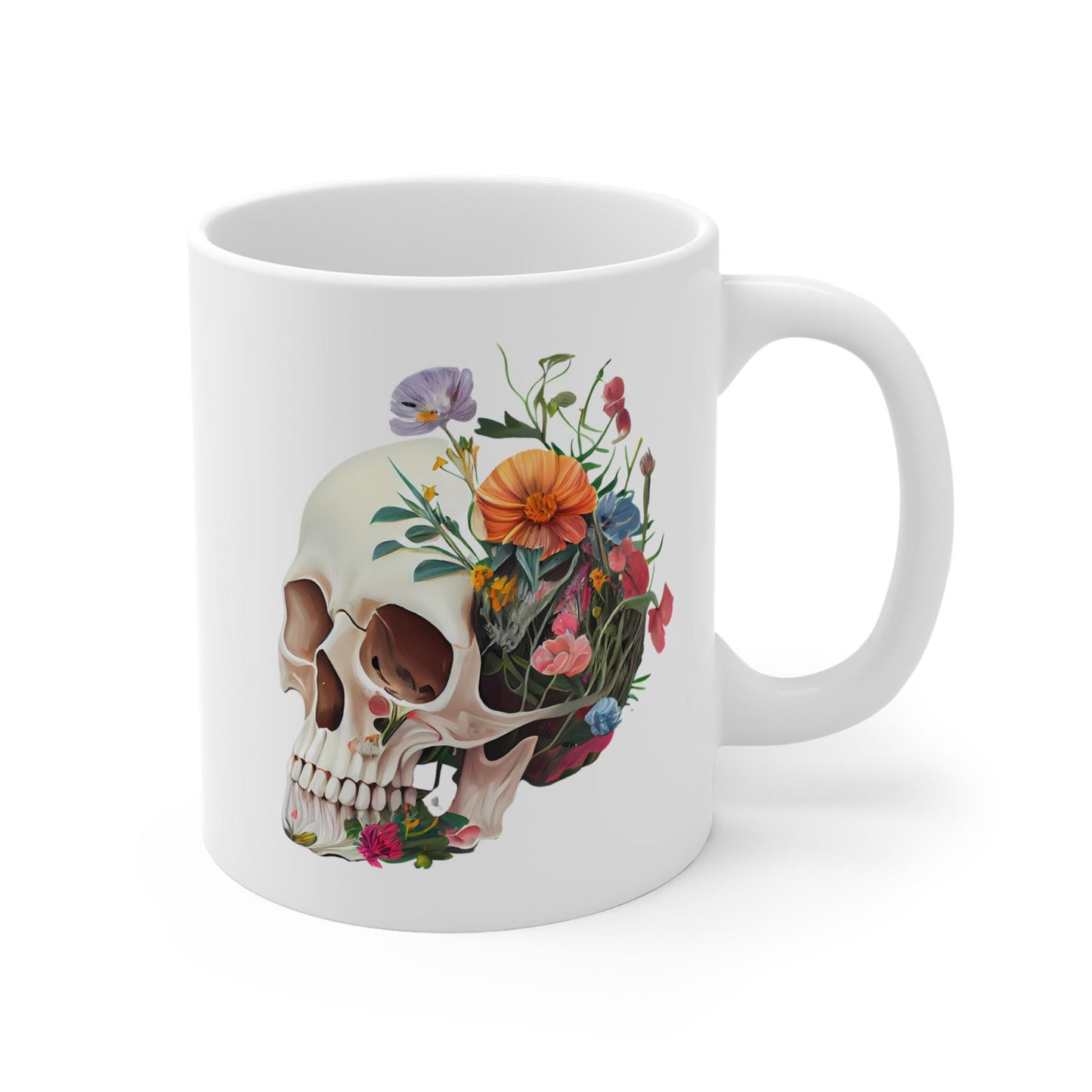 Floral Skull Mug - Artistic Coffee Cup for Floral Lovers, Unique Gift, Home Décor, Halloween Decoration, Custom Drinkware