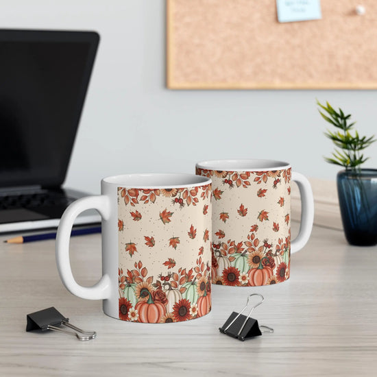 Autumn Leaves & Pumpkins Mug, Cozy Fall Coffee Cup, Thanksgiving Gift, Seasonal Decorations, Harvest Celebration The Aurora Touch