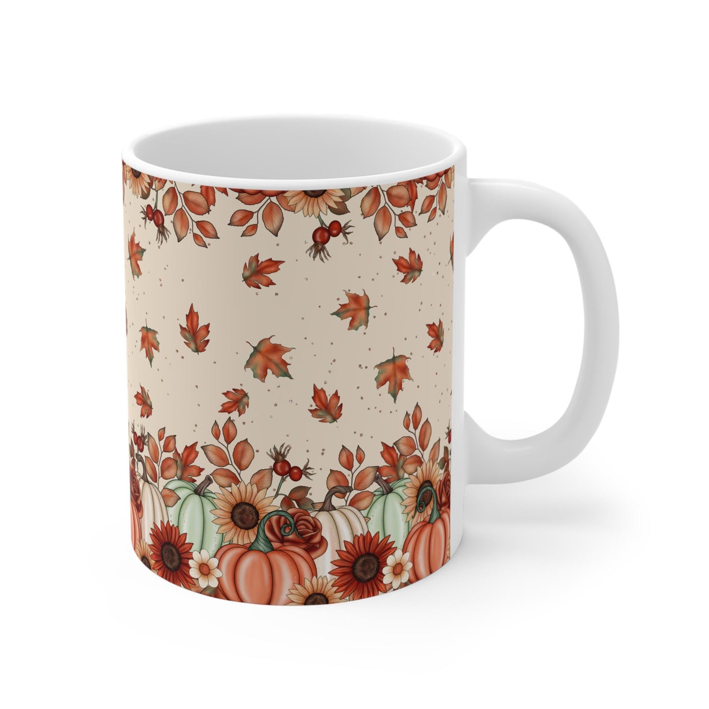 Autumn Leaves & Pumpkins Mug, Cozy Fall Coffee Cup, Thanksgiving Gift, Seasonal Decorations, Harvest Celebration