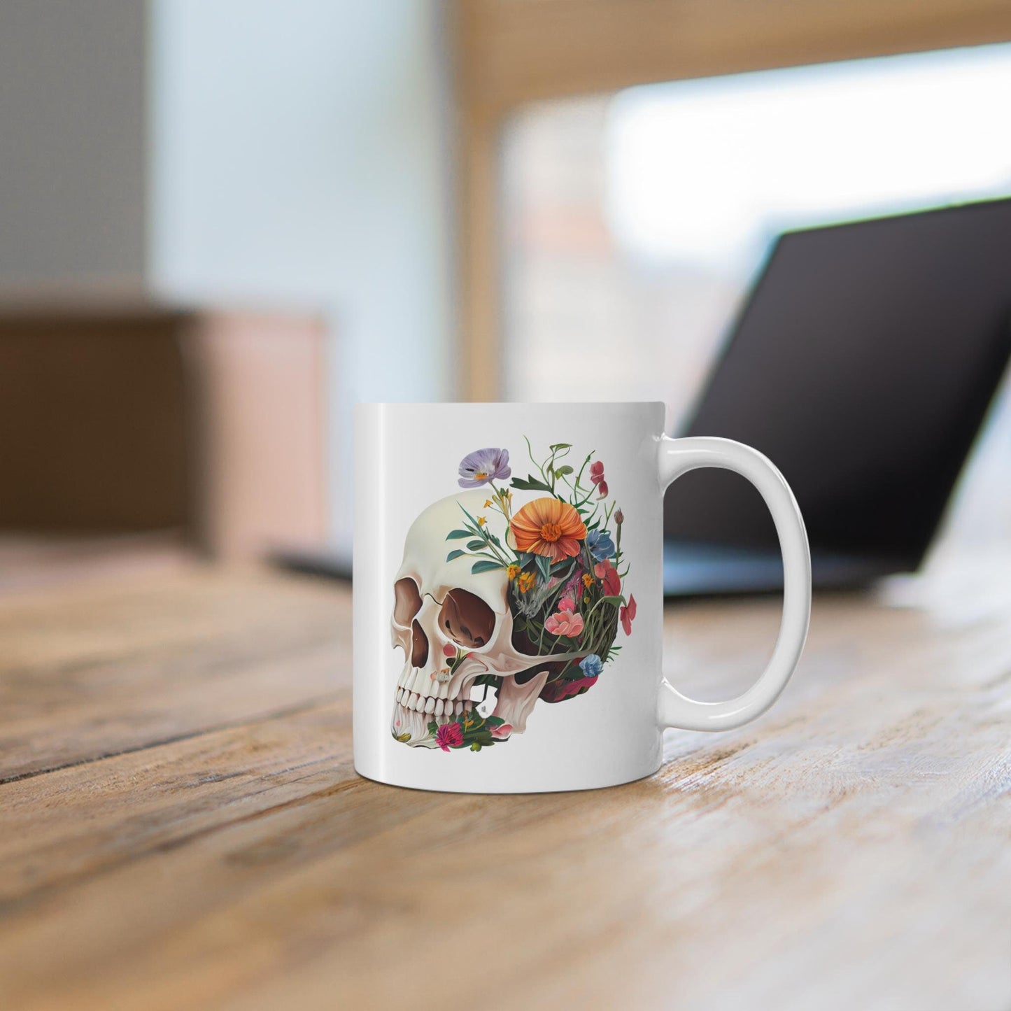 Floral Skull Mug - Artistic Coffee Cup for Floral Lovers, Unique Gift, Home Décor, Halloween Decoration, Custom Drinkware